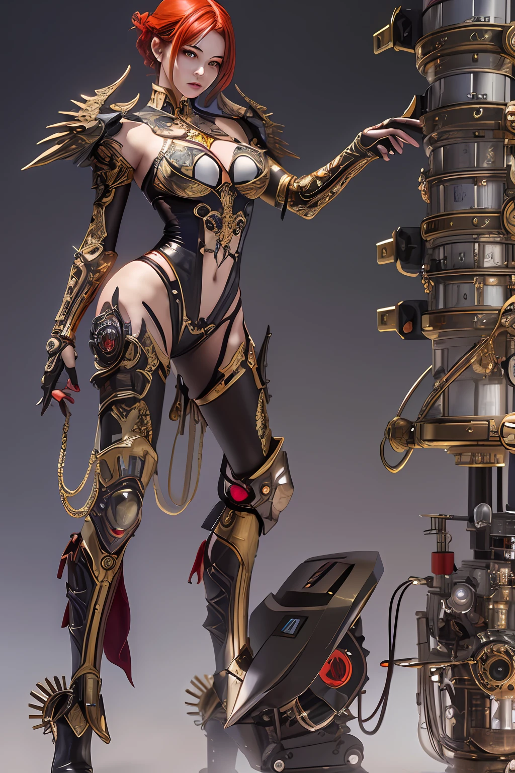 top-quality、masterpiece、超A high resolution、(Photorealsitic:1.4)、Raw photo、1人、red hairs、glowy skin、1 Machine Devil、large metal wings、Metal horn、((super realistic details))、portlate、globalillumination、Shadow、octan render、8K、ultrasharp、Colossal tits、Raw skin is exposed in cleavage、Black fiberglass body、Details of intricate gilded ornaments、Steampunk details、Glowing LEDs、Hydraulic cylinder、highly intricate detail、Realistic light、Red Eyes、radiant eyes、Facing the camera、neon details、Mechanical limbs、cowboy shot、Small LED lamp、Orange Character Catch Light、