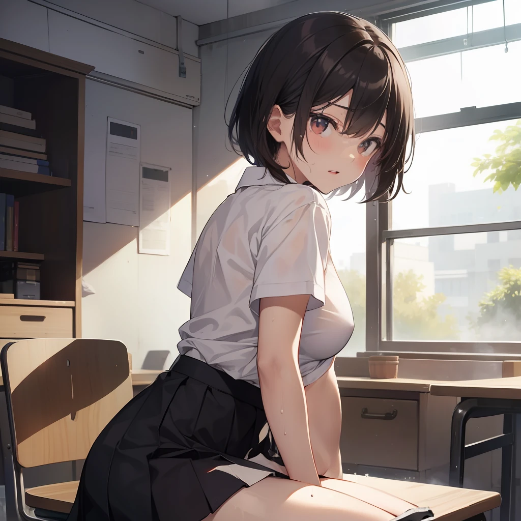 darkened room、Old school、Old school building、Cluttered classroom、hi-school girl、sixteen years old、１a person、Summer Uniforms、a black skirt、Short-haired cicada、Neutral facial features、Middle breast size、reddish brown eyes、Half-open mouth、Half-open lips、troubled look、Inviting gaze、Sweat flows from your face、Rough white sigh、Steam from the body、steam、校服、Short Sleeve White Cutter Shirt、Half of the shirt is taken off、disheveled clothing、Back angle、The point of view is subjective、Turning around、clinging to the desk with your hands、Slouching posture、Arched posture、all-fours、plump thighs、big butts、The buttocks are wet with sweat、Copious sweat running down the thighs、Sweat like drops of water on the thighs、Boldly turn your ass、Pose with twisted hips、The shirt is sheer、The line of underwear is visible、、white  panties、Spread your legs wide、The posture of the buttocks and hips is arched、