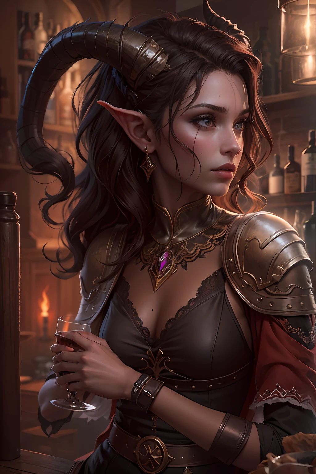 Uma morena tiefling sentada em um bar, Realistic, Charismatic, Muitos detalhes, Tema Fantasia Medieval, cabelos longos com franja, 25 anos, corpo inteiro, rosto da princesa, corpo definido, Realismo, Cinematic lighting, de cima, super detalhe