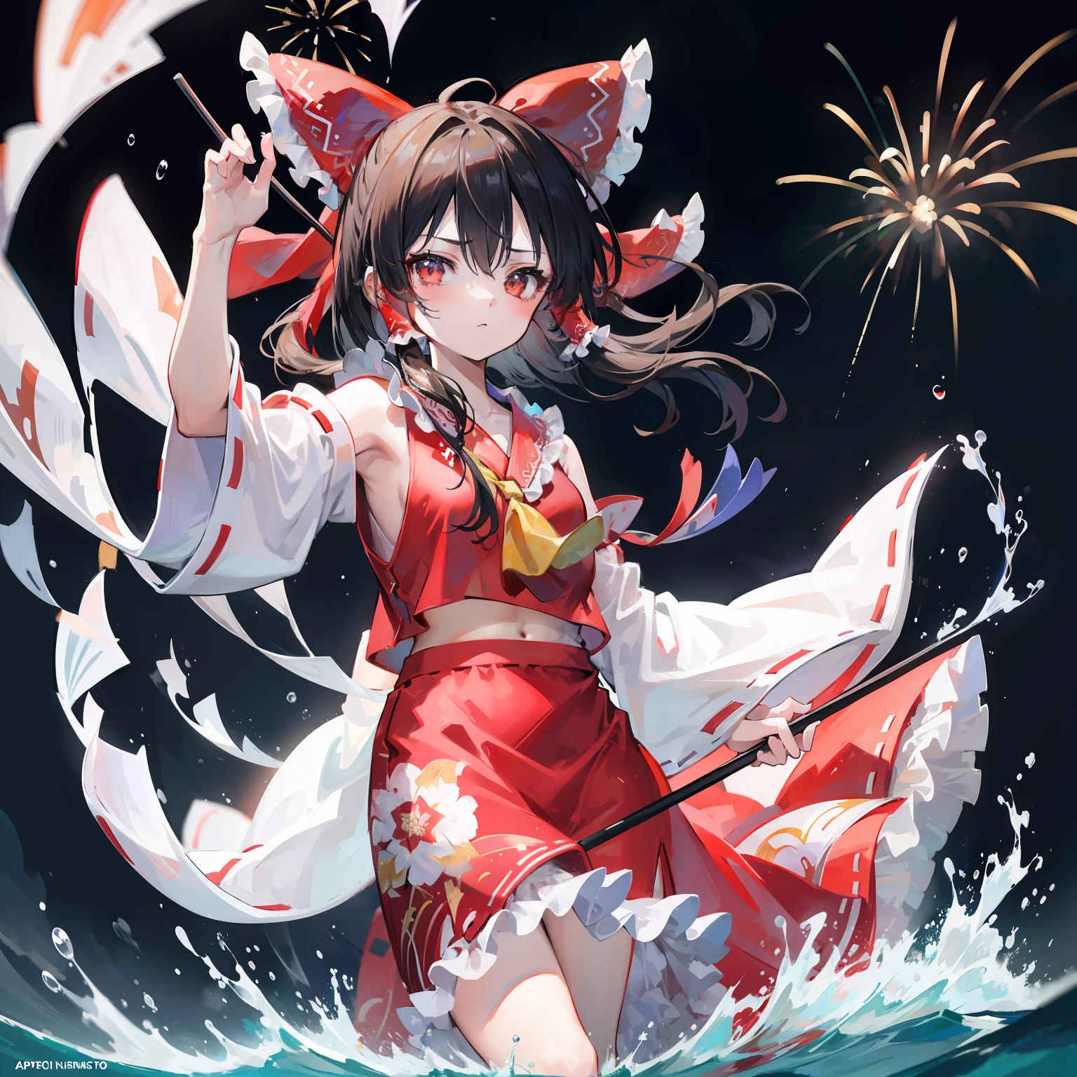 Reimu Shiramine in Kimono, masutepiece, Fine detail, 4K, 8K, 12K, Solo, Alone, Beautiful Girl, caucasian female,Being in the water、 goldfish、Red dress, Yukata, Kimono,  Night, Fireworks