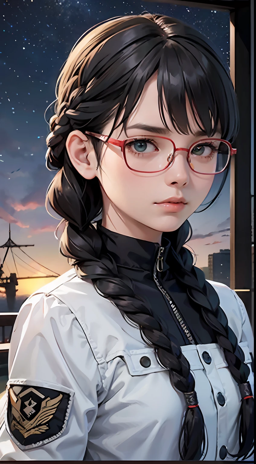 Movie Poster,((Braid Hairstyle : 1.5)),Anime Reference 86 ,Science Fiction,Sci-Fi,Movies,War Action Movies,Space,Atmosphere,Sky,Battleship,Multiple Characters,Women,Adults,Green Eyes,Black Hair,(Pia bangs hairstyle) : 1.8 ),(Red Glasses),General Uniform,White Commander Uniform,Serious Face Frowning,Realistic Face Detail,Realism,3D Face,