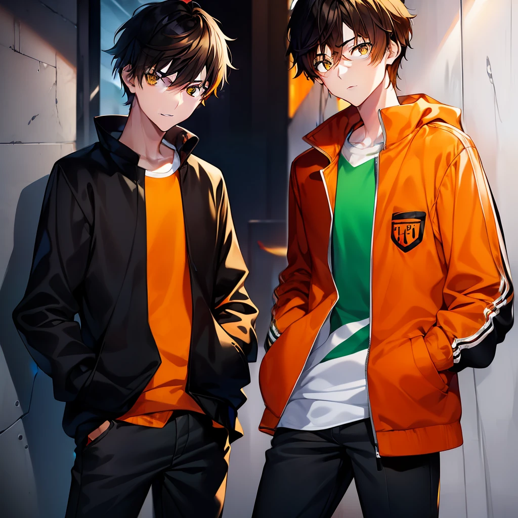 )1 boy with short, tousled brown hair, wearing an orange jacket over a crisp white shirt, green eyes.)(1 young boy with hands casually tucked in the pockets of a black-orange jacket. His pale yellow eyes and jet-black hair) 2 characters