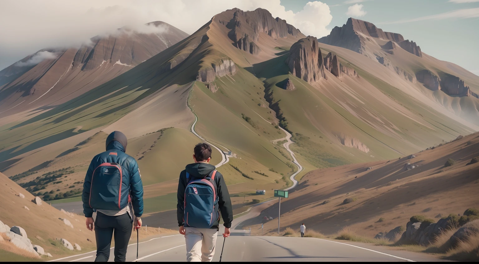 Two backs walk on mountain roads