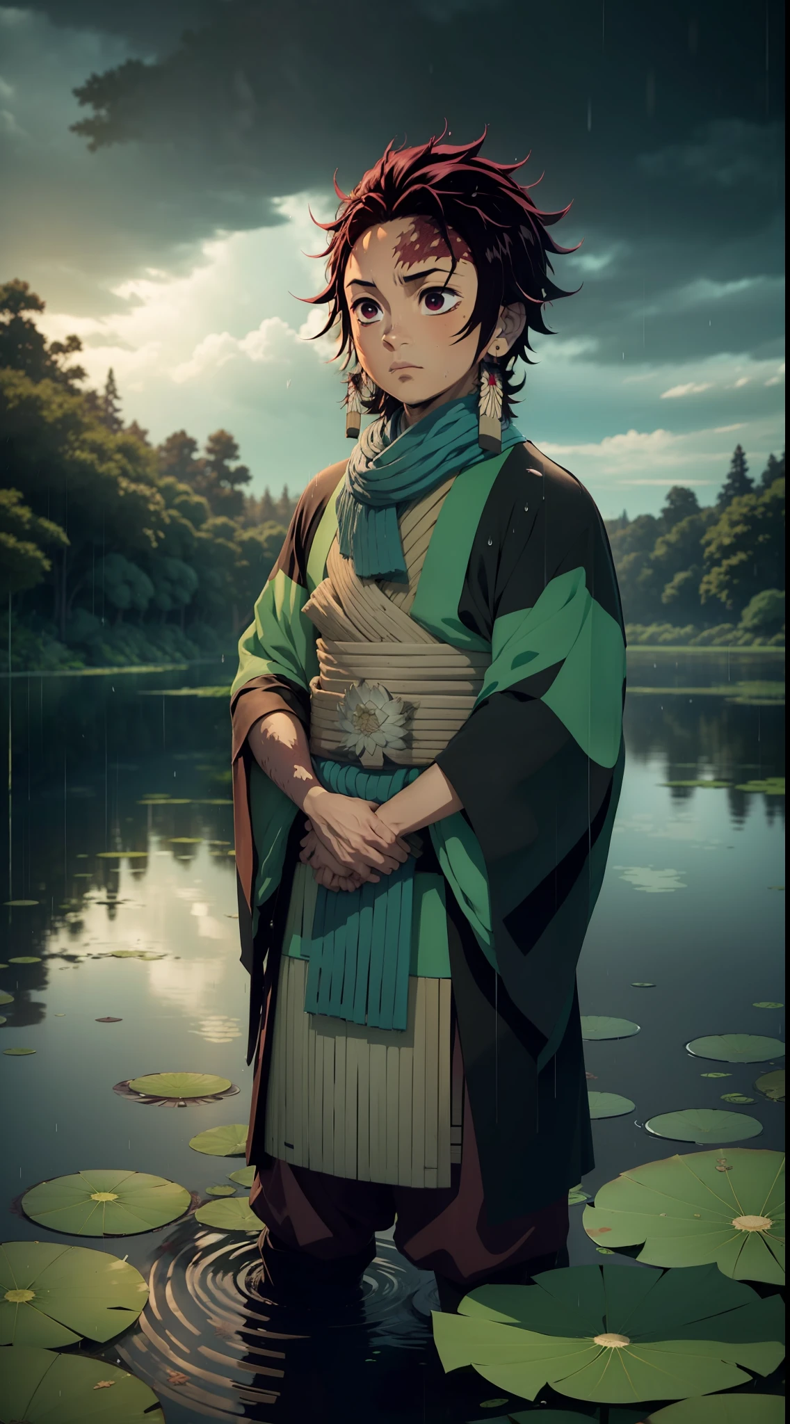 "Kamado Tanjiro from DEMON SLAYER sitting in the middle of a lake, blooming lotus, rain, mossy vegetation, 4K."