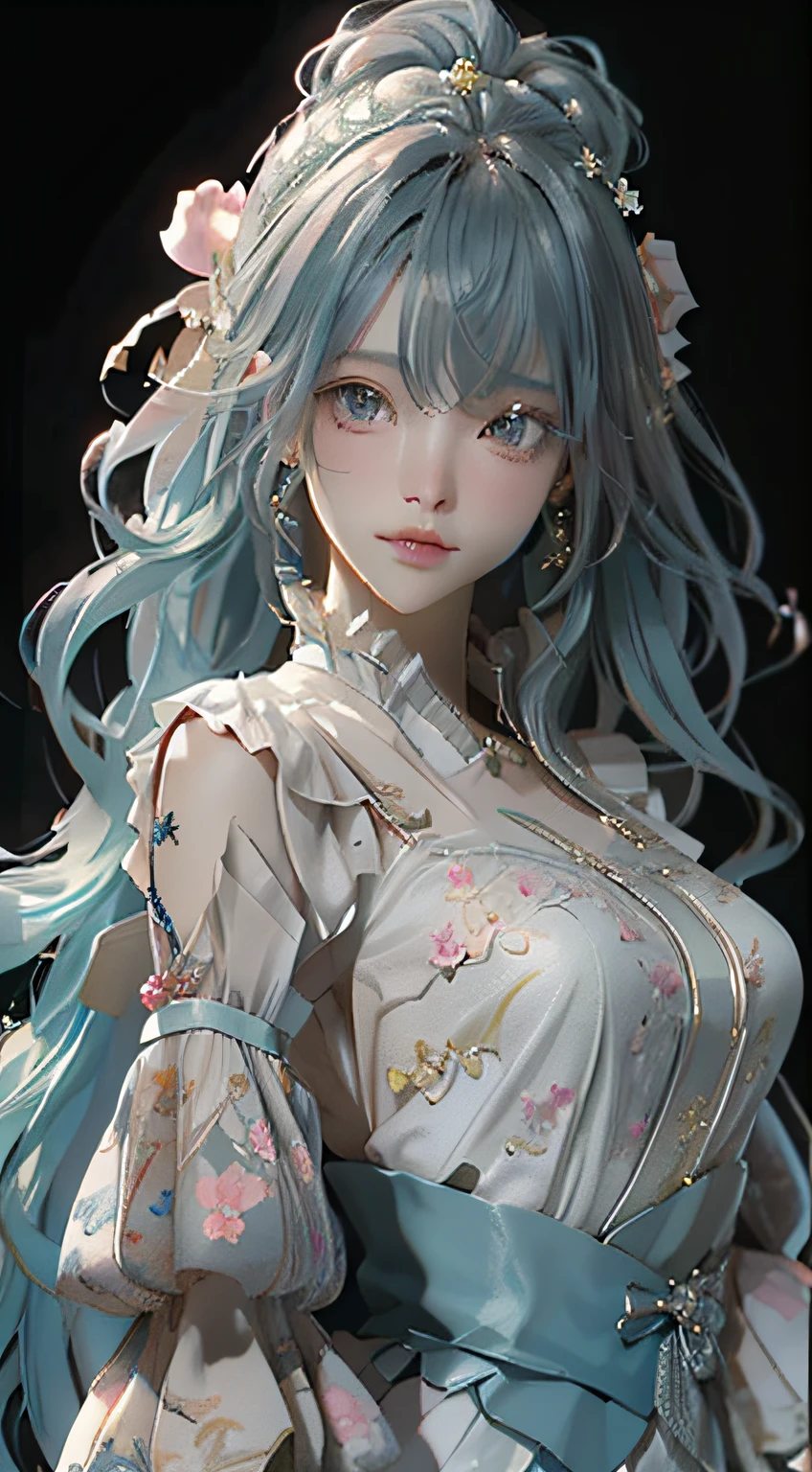 (masterpiece), (best quality), (ultra detailed),(disheveled hair),(illustration), (1girl), (Fashionable clothing), standing, Fashion model, looking at viewer, (interview), (simple background),beautiful detailed eyes, delicate beautiful face, Floating,(high saturation),(colorful splashes),colorful bubble,(shining), focus on face,  kamisato ayaka, light blue hair, bangs, hair ring, floating flowers, floating hairs.Girl, anime waifu, looking at viewer, highlydetailed, reflections transparent iridescent colors, long transparent iridescent RGB hair, artby Serafleur from artstation, thick acrylic，illustration on pixiv, waist up portrait, gorgeoussacred girl, best quality, ultra detailed,sad,clever,beautiful face , beautiful lighton black background, Character stvle renderedby Octane,