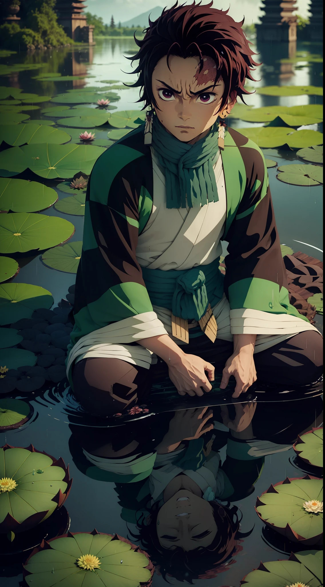 "Kamado Tanjiro from DEMON SLAYER sitting in the middle of a lake, blooming lotus, rain, mossy vegetation, 4K."