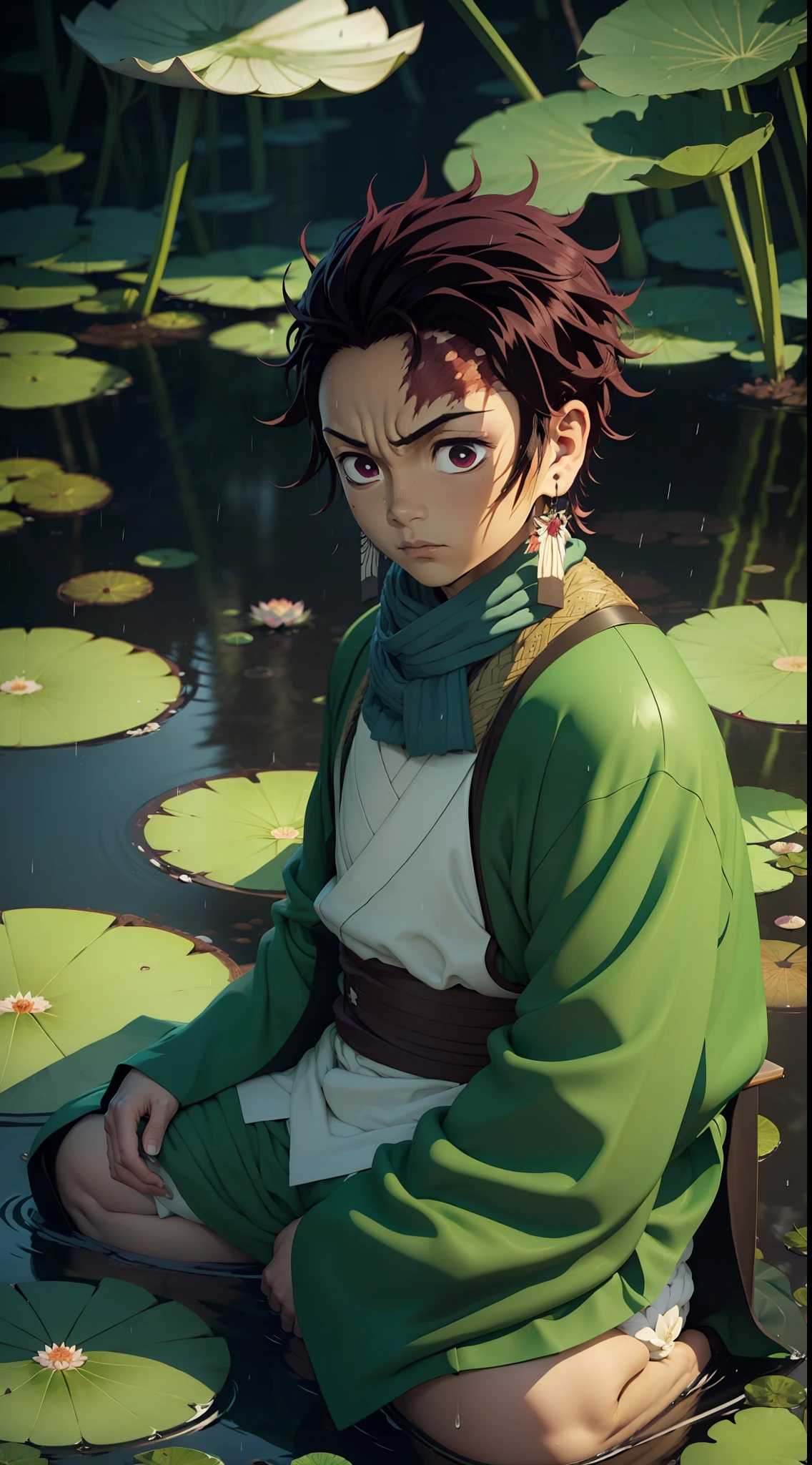 "Kamado Tanjiro from DEMON SLAYER sitting in the middle of a lake, blooming lotus, rain, mossy vegetation, 4K."