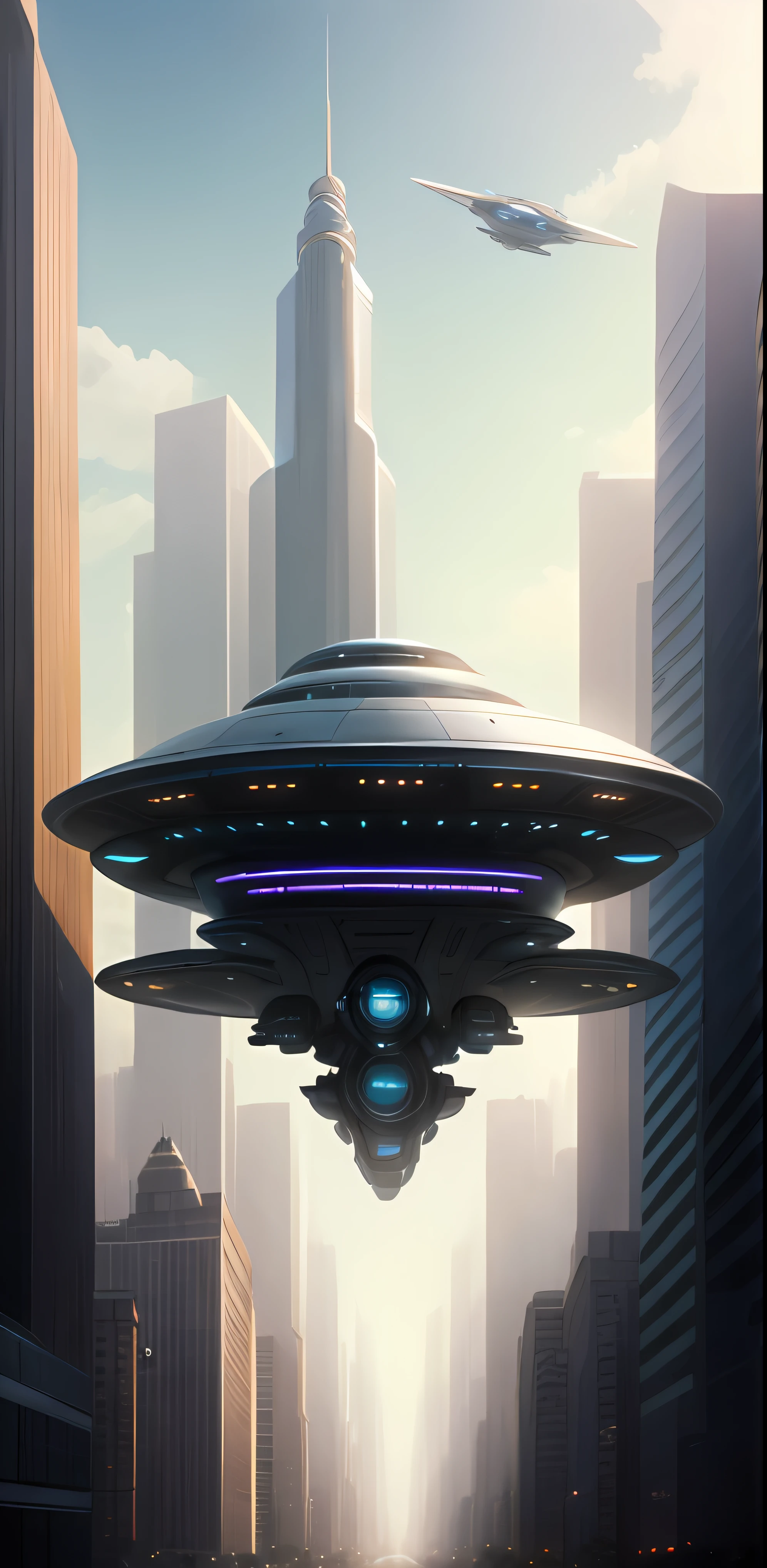 a sci-fi vehicle levitating above a futuristic city street