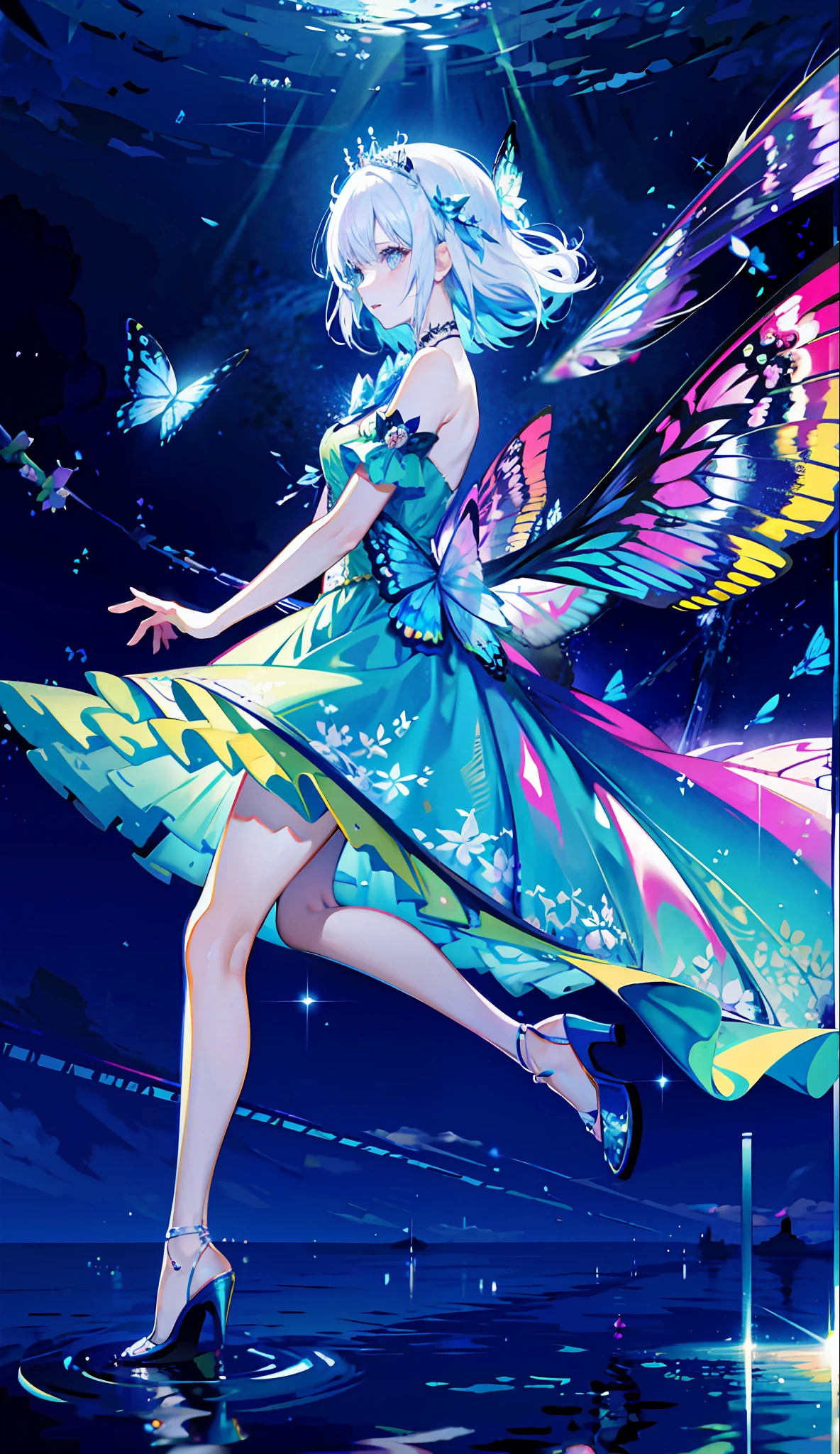 8k wallpaper,detailedbackground,Highest high resolution,silber hair,Bandeau princess dress,Castle background,A princess,tight-fitting,butterflys,themoon,The water is rippling,