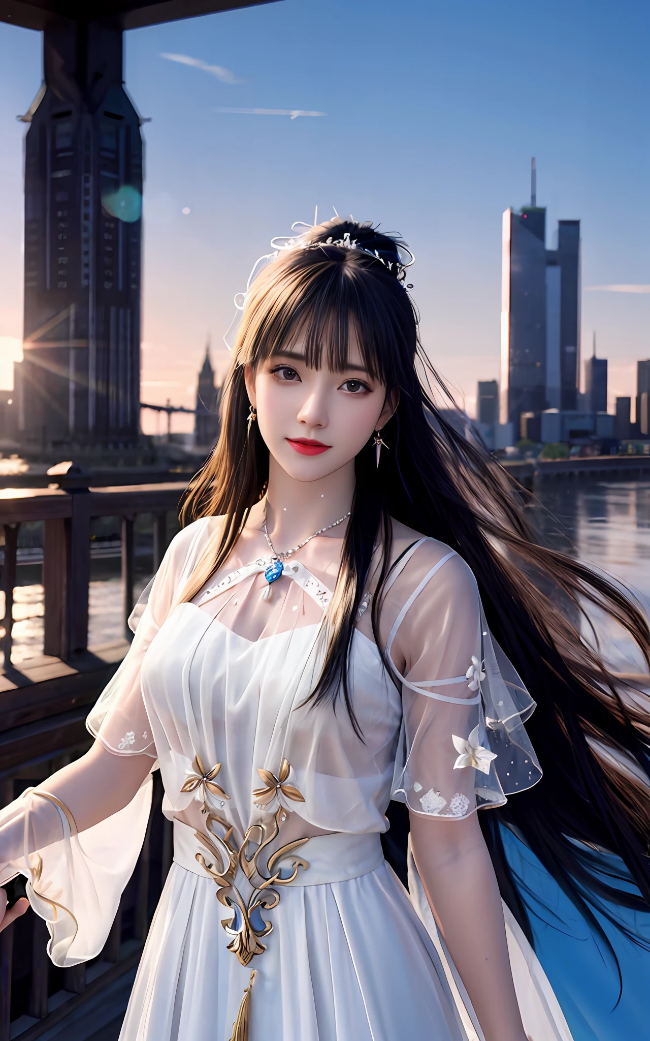 (realisticity: 1.2), best quality, masterpiece, highres, cg,
1girl, weapon, sword, long hair, dress, water, solo, jewelry, white dress, earrings, hair ornament, splashing, upper body super realistis, hair bun, black hair, city backgraun realistis,
lighting,candid, Photograph, high resolution, 4k, 8k, Bokeh,