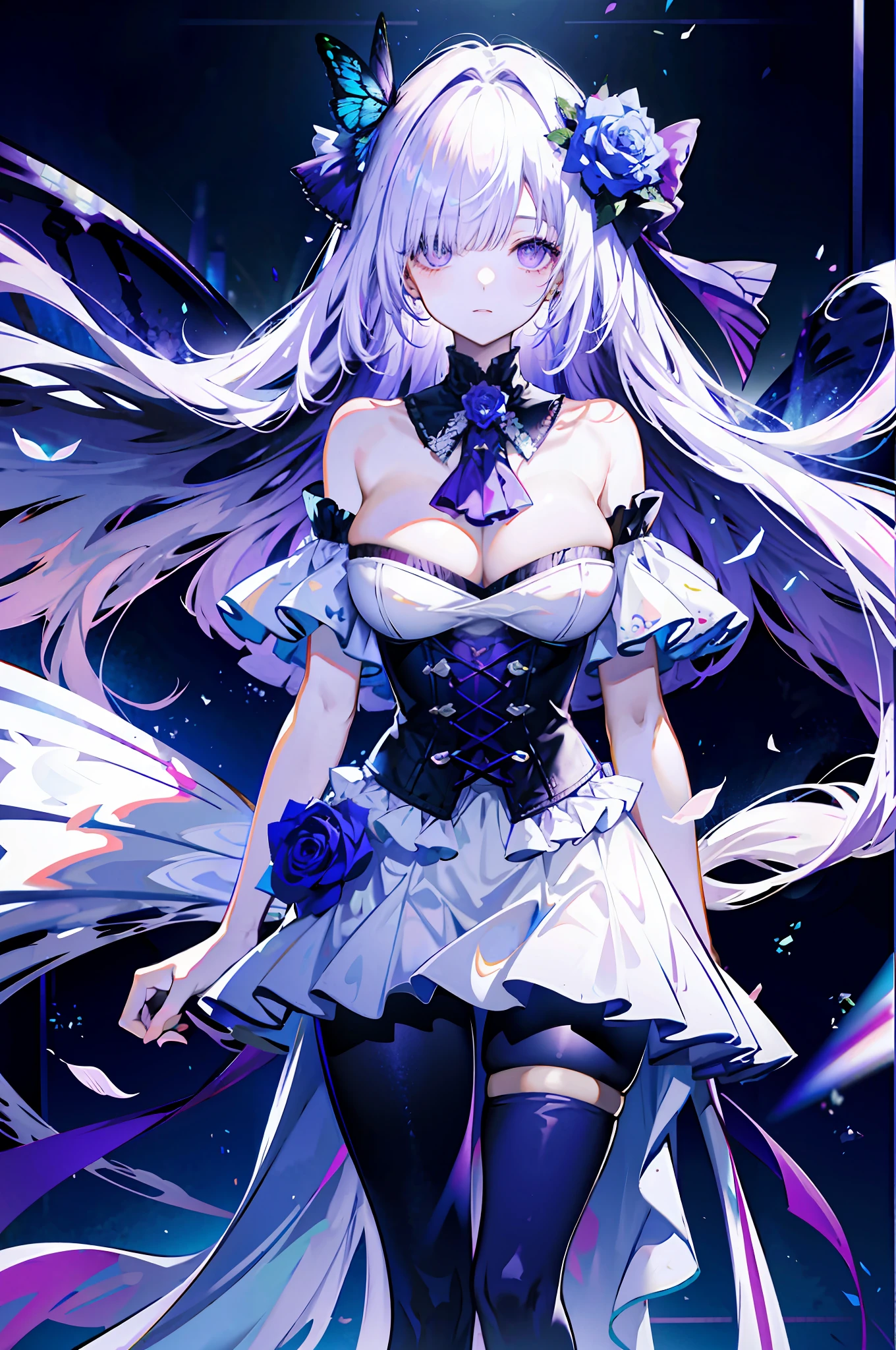 silber hair，butterflys，long whitr hair，8k wallpaper，detailedbackground，Highest high resolution，deep v big breasts，Hair covers one eye，Bandeau，chies，Purple roses，tight-fitting，themoon
