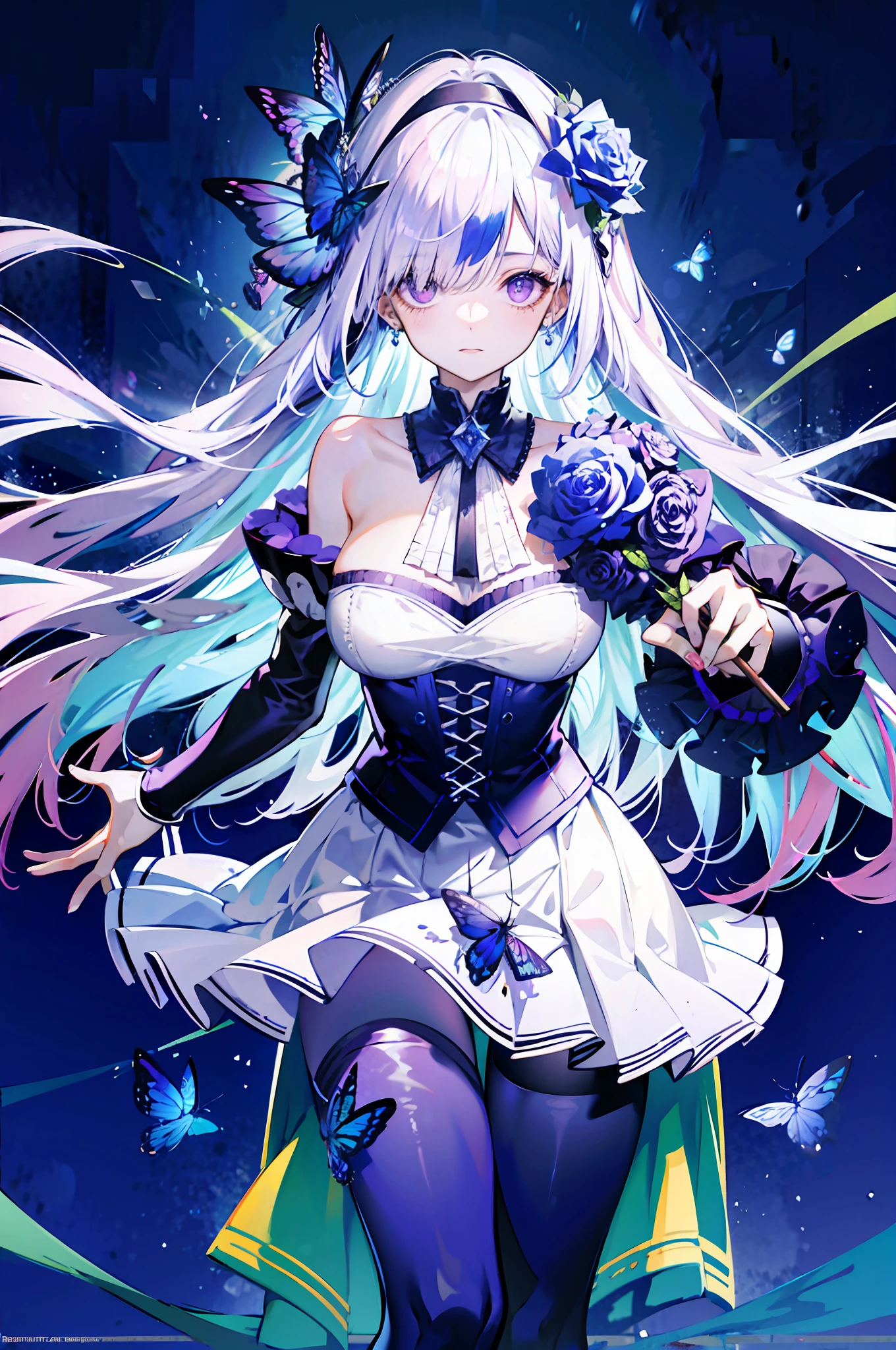 silber hair，butterflys，long whitr hair，8k wallpaper，detailedbackground，Highest high resolution，deep v big breasts，Hair covers one eye，Bandeau，chies，Purple roses，tight-fitting，themoon