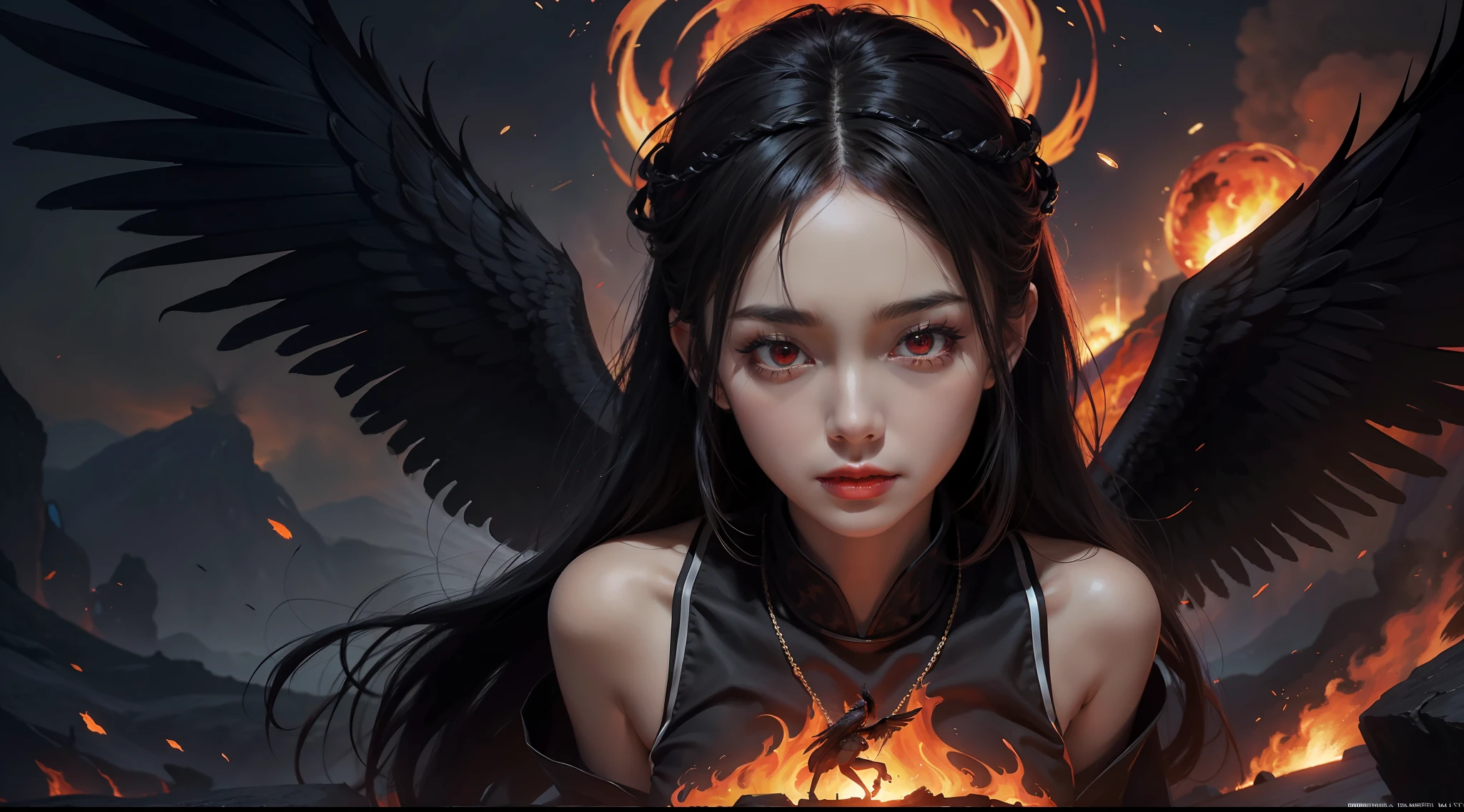 （Award-winning digital artwork：1.3） af （sketching：1.3），（with dynamism：1.3），（Saturation：1.3），（Close portrait：1.3），（femele：1.4），（big breasts beautiful： 1.4),(carismatic:1.3),angelicales，Red eyes，Bright magic，volcano background，Large breasts，complex patterns，Film filter, ，dramatics，dynamicposes，illusory engine， (High detail: 1.9)，mystic symbols，black toga，massive wings，Black wings，red color eyes，arrogant look，molten lava