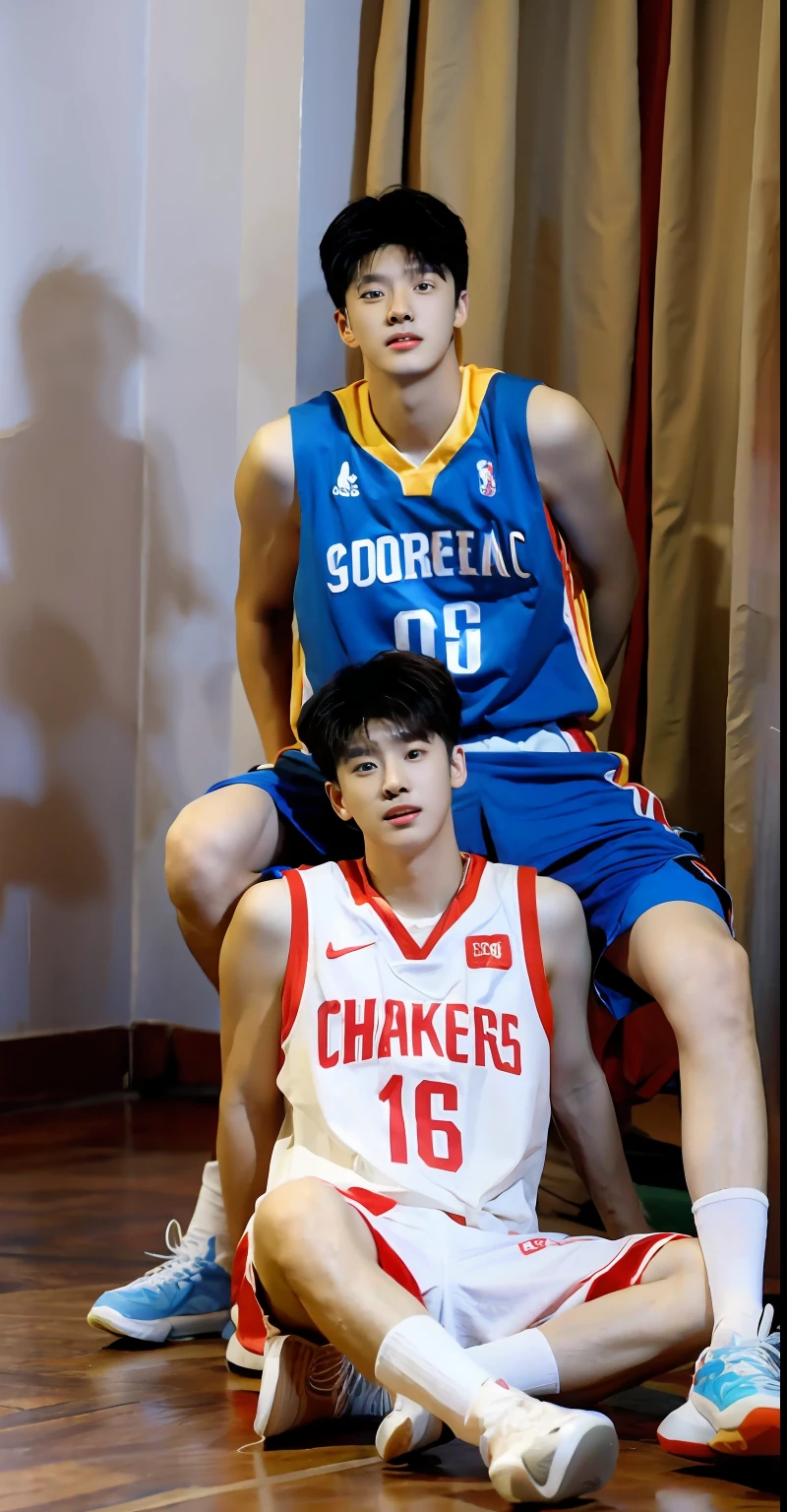 （Handsome Chinese guy：1.5）The young man sat cross-legged on the ground, wearing basketball jersey, Cai Xukun, wearing NBA jersey, rockets, Kim Tae-joon, hyung tae, young wan angel, tommy 1 6 , Kim Do-young, wearing a volleyball jersey, jung jaehyun, hsiao-ron, Shin Jinying, wenjun lin, yihao ren