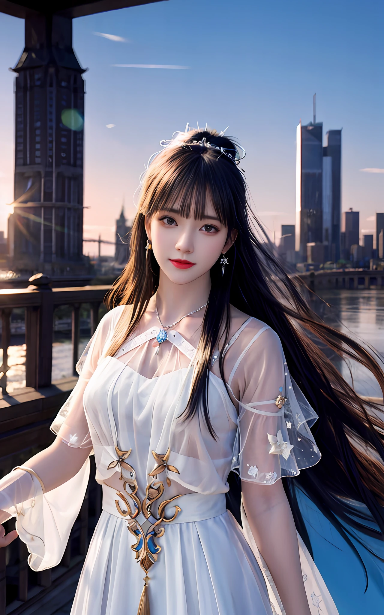 (realisticity: 1.2), best quality, masterpiece, highres, cg,
1girl, weapon, sword, long hair, dress, water, solo, jewelry, white dress, earrings, hair ornament, splashing, upper body super realistis, hair bun, black hair, city backgraun realistis,
lighting,candid, Photograph, high resolution, 4k, 8k, Bokeh,