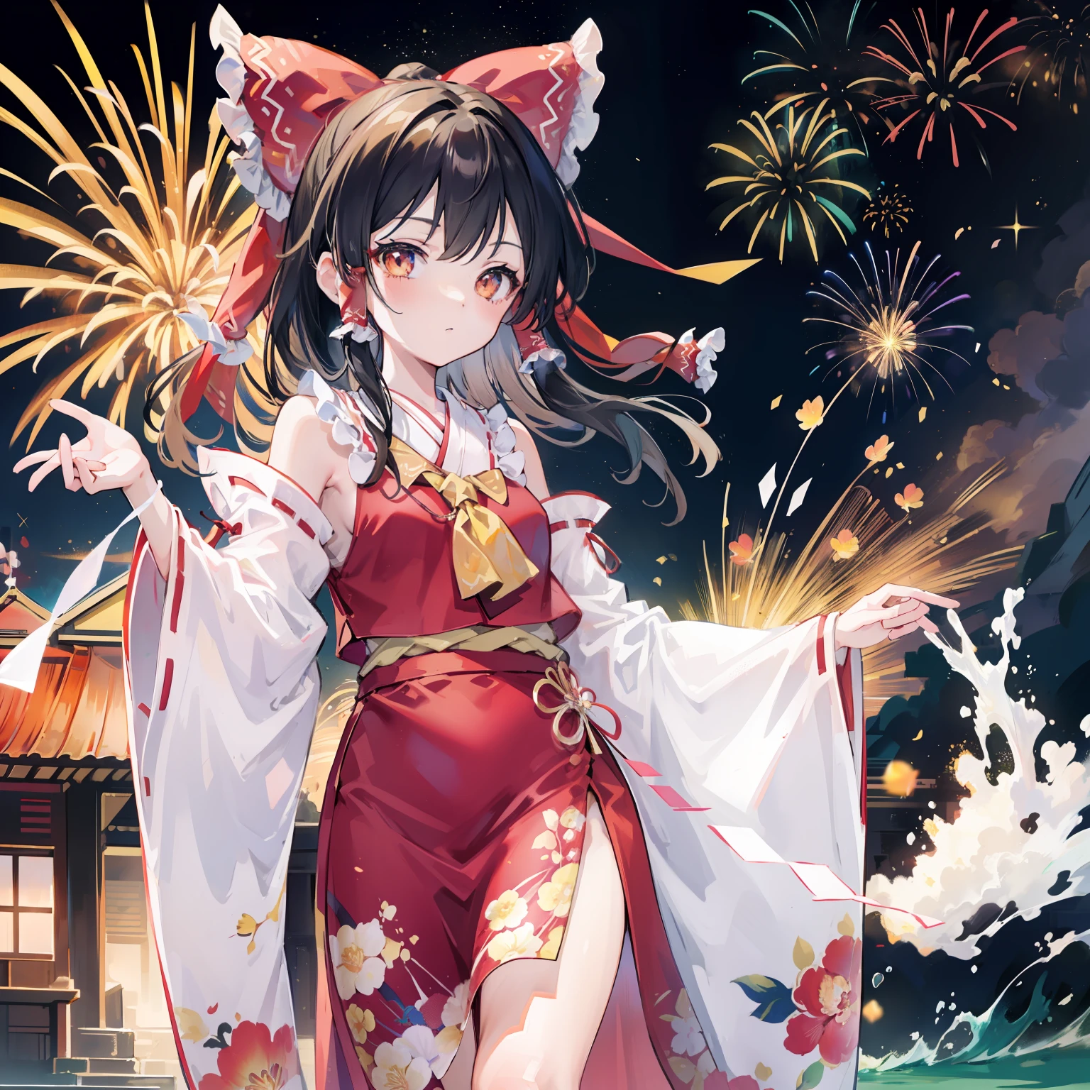 Reimu Shiramine in Kimono, masutepiece, Fine detail, 4K, 8K, 12K, Solo, Alone, Beautiful Girl, caucasian female,Being in the water、 goldfish、Red dress, Yukata, Kimono, Night, Fireworks
