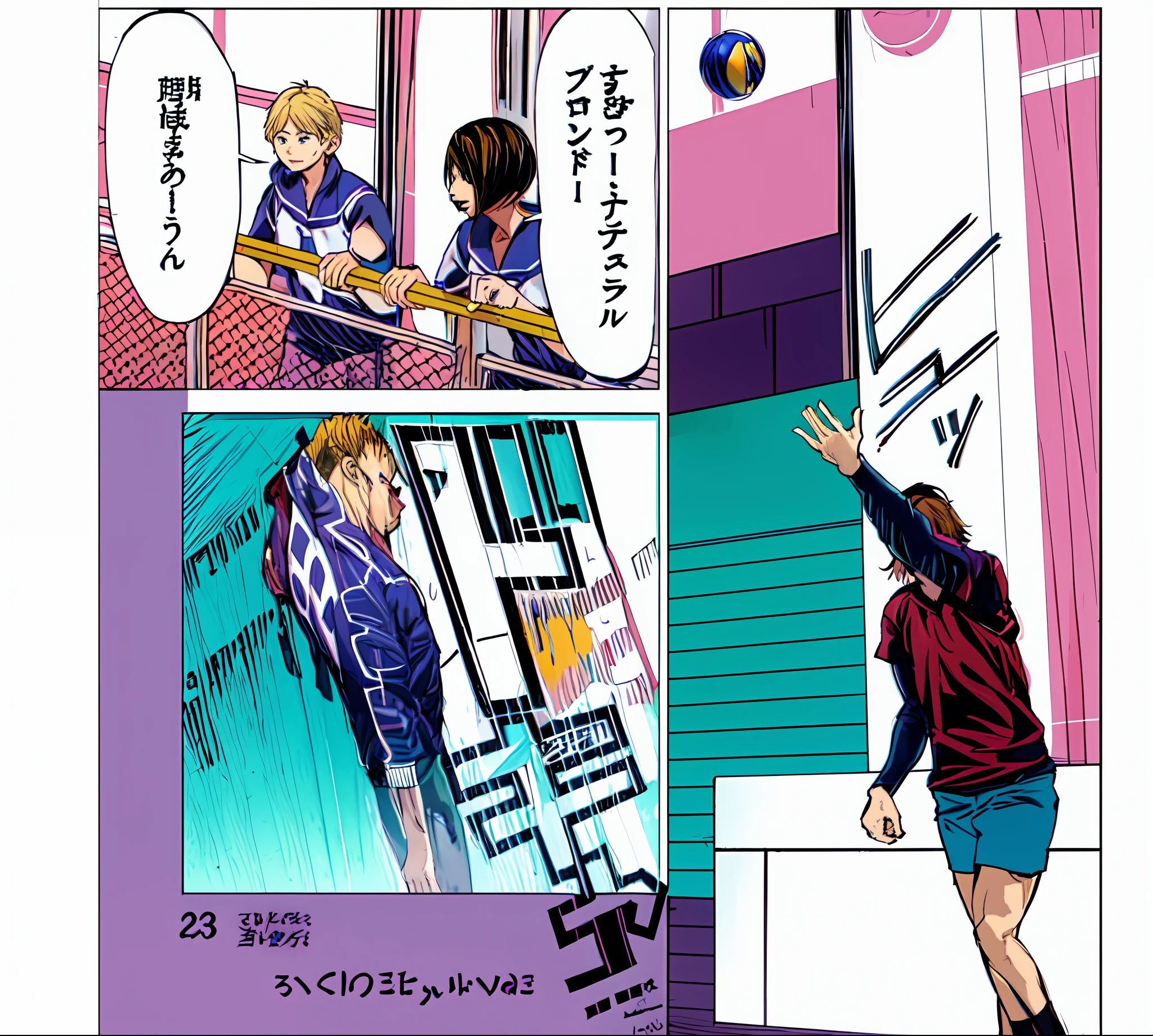 a anime of a boys manga volleyball, text manga, color manga, manga color, color manga, color manga panel, simple background
