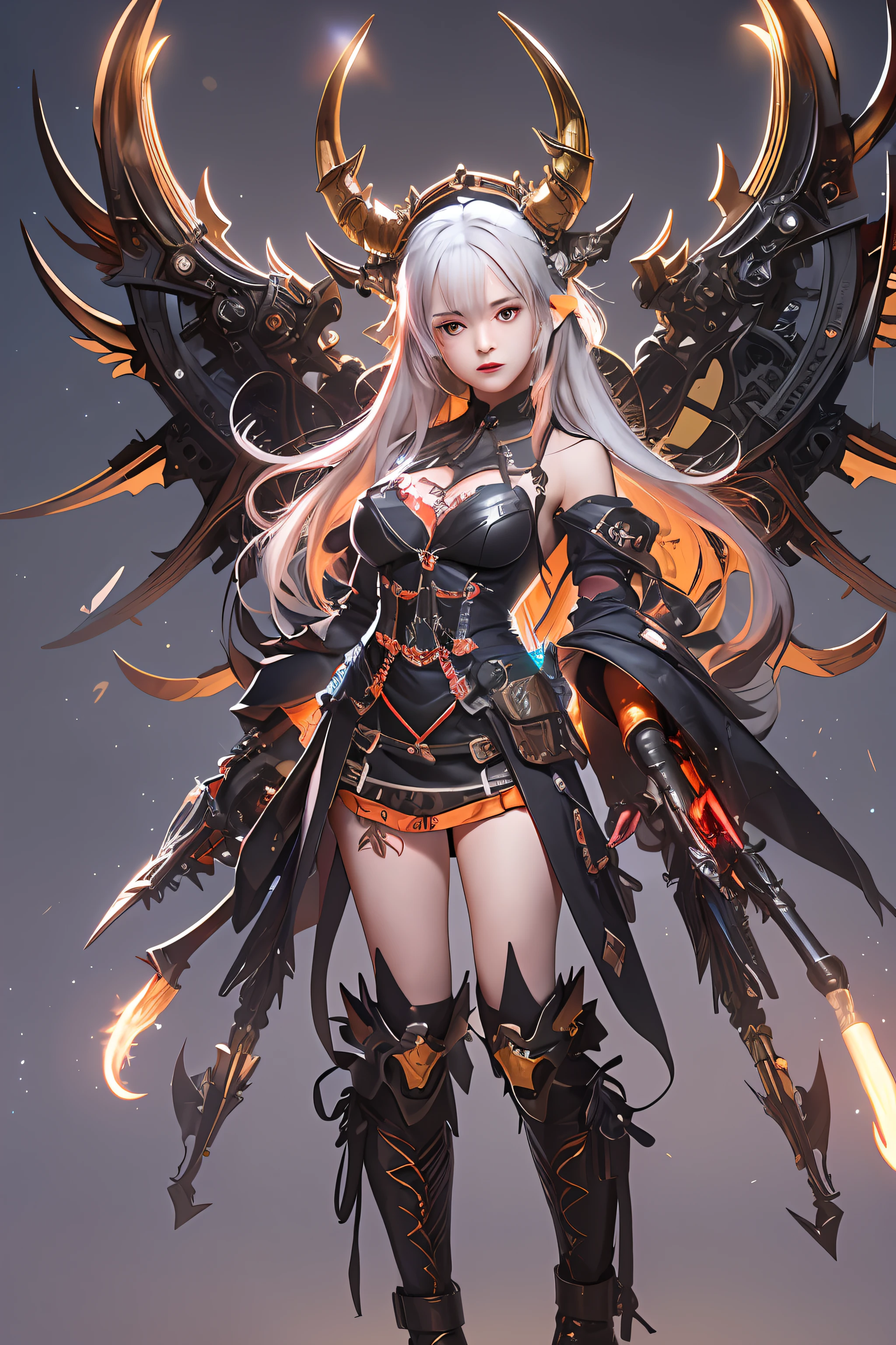 top-quality、​masterpiece、超A high resolution、(Photorealsitic:1.4)、Raw photo、女の子1人、red hairs、glowy skin、1 Machine Devil、large metal wings、Metal horn、((super realistic details))、portlate、globalillumination、Shadow、octan render、8K、ultrasharp、Colossal tits、Raw skin is exposed in cleavage、Black fiberglass body、Details of intricate gilded ornaments、Steampunk details、Glowing LEDs、Hydraulic cylinder、highly intricate detail、Realistic light、Red Eyes、radiant eyes、Facing the camera、neon details、Mechanical limbs、cowboy  shot、Small LED lamp、Orange Character Catch Light、