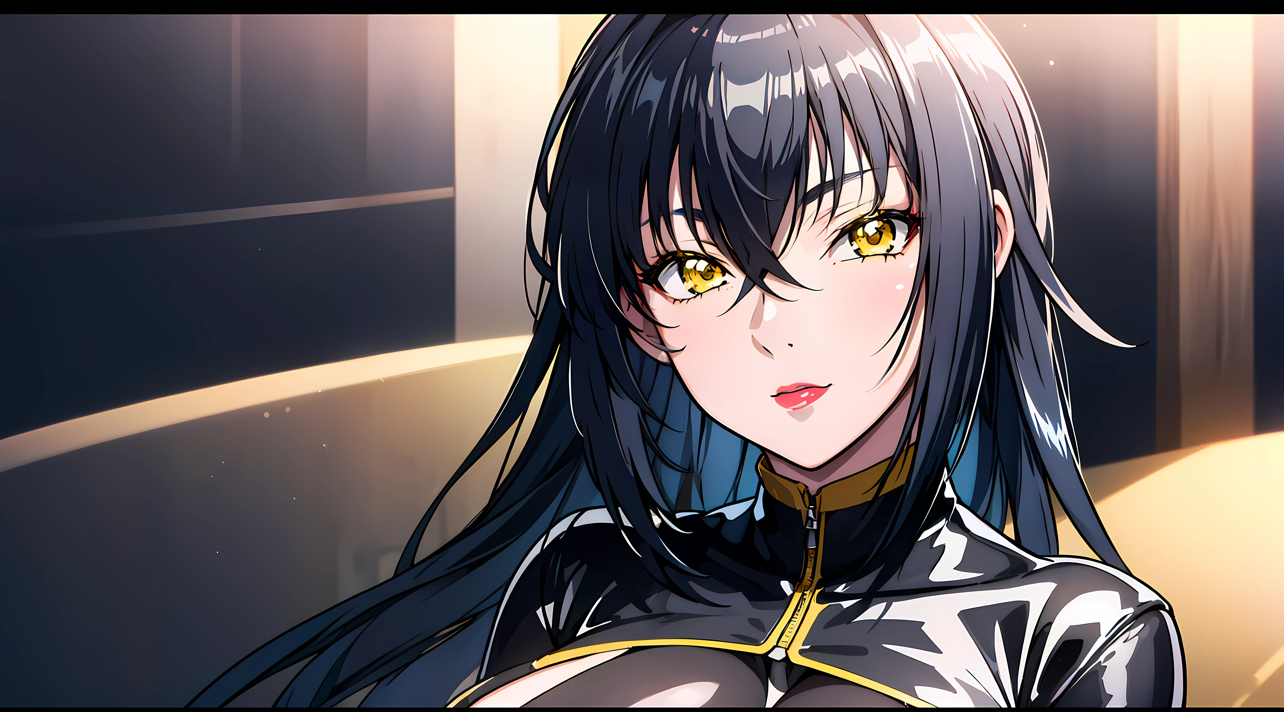 professional artwork, Intricate Details, field of view, sharp focus, detailed painting, photorealistic lighting, trending on pixiv, Standing at attention, black outfit ,yellow collared shirt,black and red bodysuit,skin_tight,black legwear, black pantyhose, Side_boob, black hair,very long hair, Bangs,yellow eyes,makeup, lipstick, 1 girl, 20yo,mature female,Beautiful Finger,Beautiful long legs,Beautiful body,Beautiful Nose,Beautiful character design, perfect eyes, perfect face, looking at viewer, NSFW,official art,extremely detailed CG unity 8k wallpaper, perfect lighting,Colorful, Bright_Front_face_Lighting, (masterpiece:1.0),(best_quality:1.0), ultra high res,4K,ultra-detailed, photography, 8K, HDR, highres, absurdres:1.2, Kodak portra 400, film grain, blurry background, bokeh:1.2, lens flare, (vibrant_color:1.2) (Beautiful,large_Breasts:1.4), (beautiful_face:1.5),(narrow_waist),
