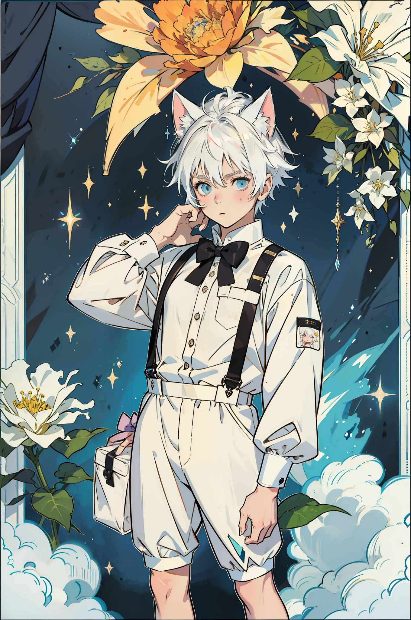 White hair, Cat ears, Suspenders, 's,dwarf,male people, infancy, full bloom, Sparkle, stereograms, anime big breast, Cowboy shot, hyper HD, Masterpiece, Textured skin, high detal,Clear fingers