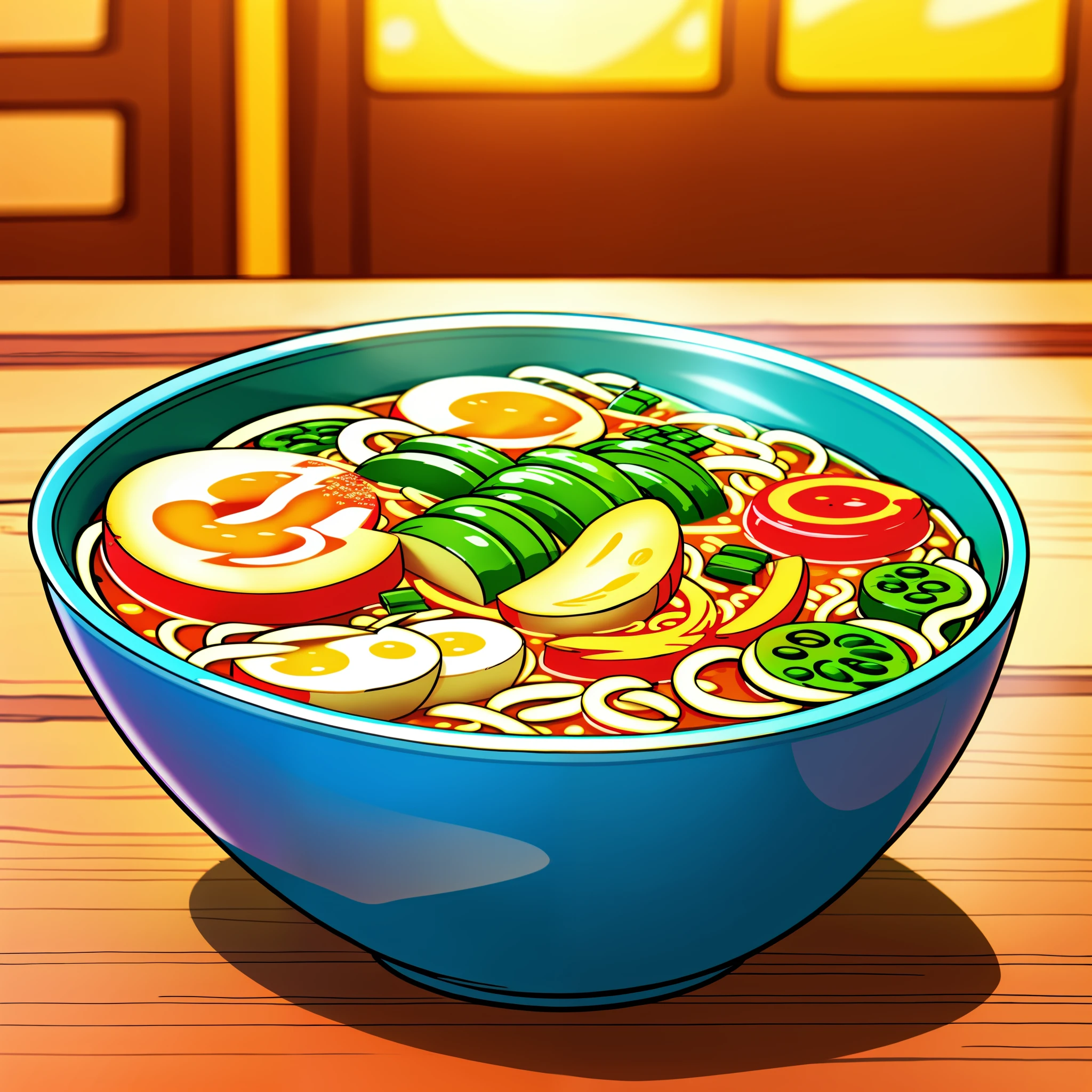 up close shot of a delicious bowl of ramen on a kitchen table, detailed illustration, cartoon, in the style of gravityfalls,