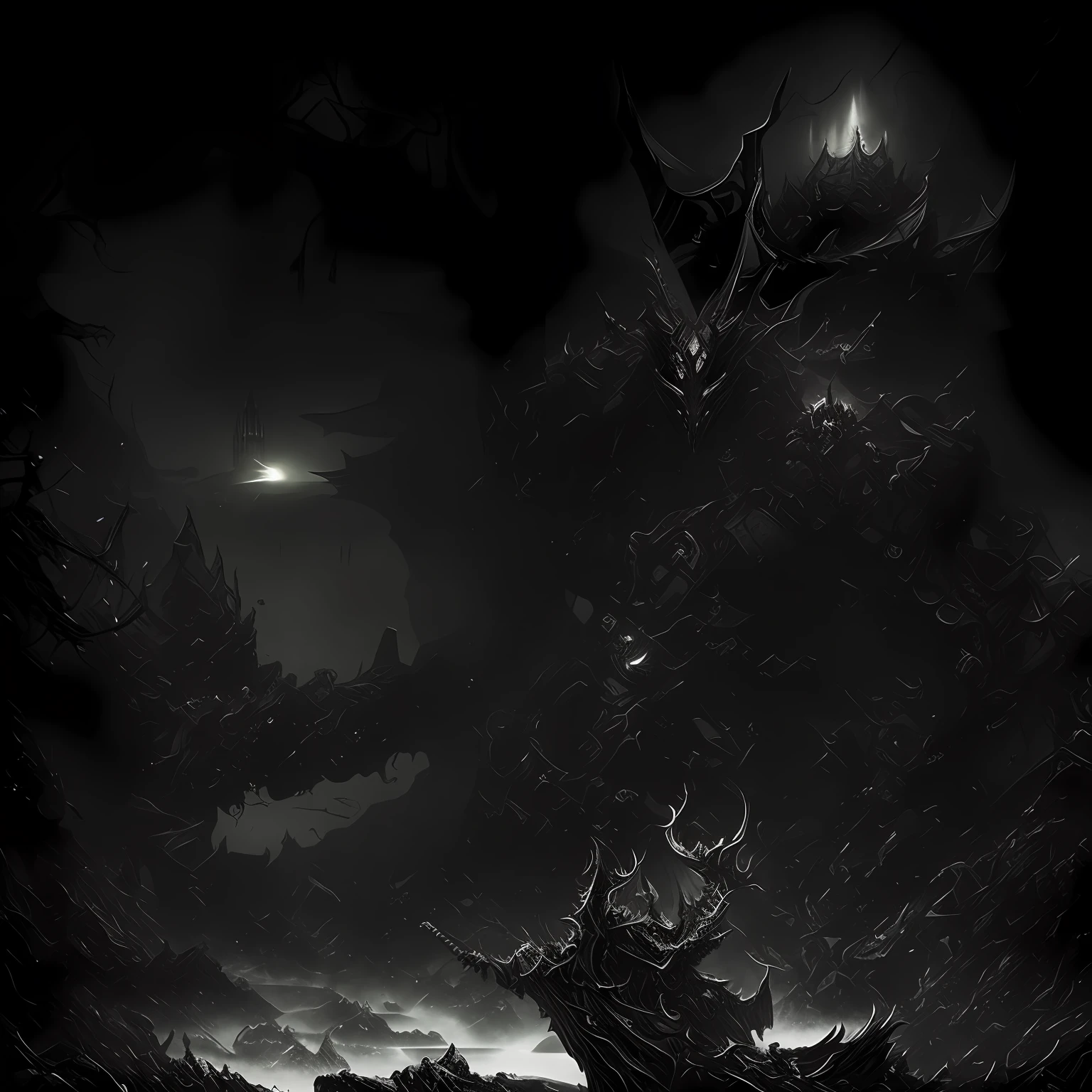 there is a black and white drawing of a monster with a large head, just art for dark metal music, nazgul mandelbulb, chtulhu, nightmarish illustration, the dark lord sauron, dark high-contrast concept art, behemoth, eerie spiritual grainy, demon, nazgul, morgoth, an ominous fantasy illustration, shadowcreature