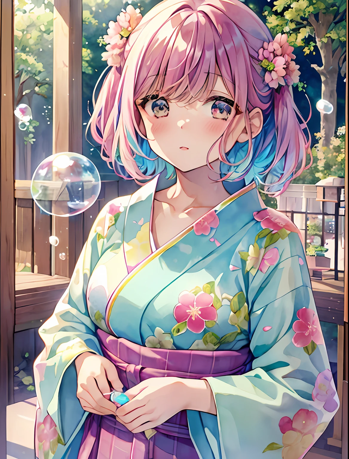 Yumekawa, dreamy cute, pale, moya, (masterpiece, highest quality, highest quality, watercolor (middle), upper body, kiss, lesbian, yukata, changing clothes, pattern, break, (twin-tailed iridescent hair: 1.2), break, soap bubble, cloud, colorful, soap bubble, spread throughout, cute, pastel, sweet, fluffy