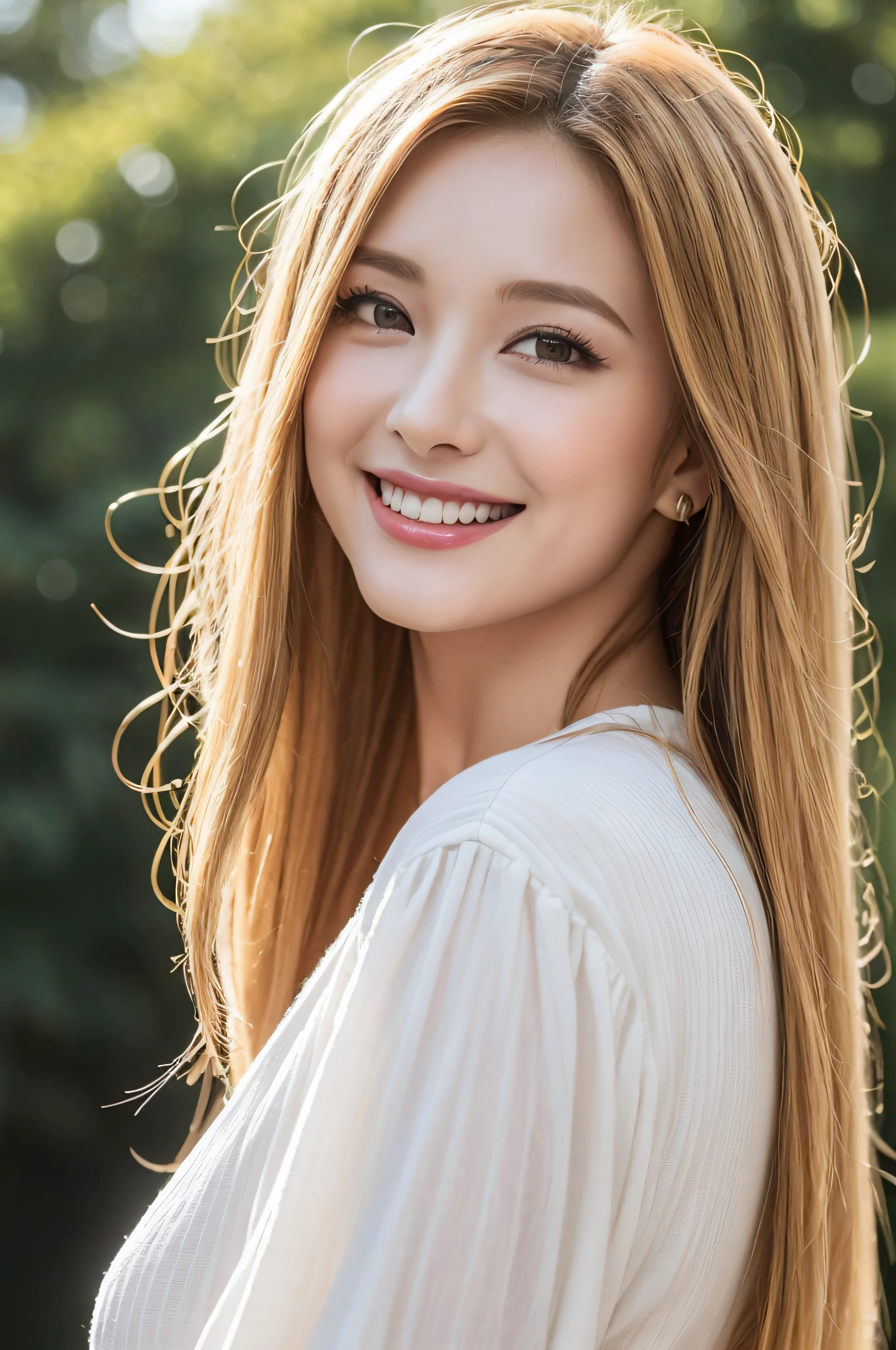 (top-quality、8K、32K、​masterpiece、nffsw:1.2)、1 girl in、beautfull Japanease woman、((Golden hair))、Fancy makeup、thin-waist、Beautiful Women in Perfect Style：1.4、Colossal tits:1.3、finerly detailed face、A smile、Peasant dress、from the rear