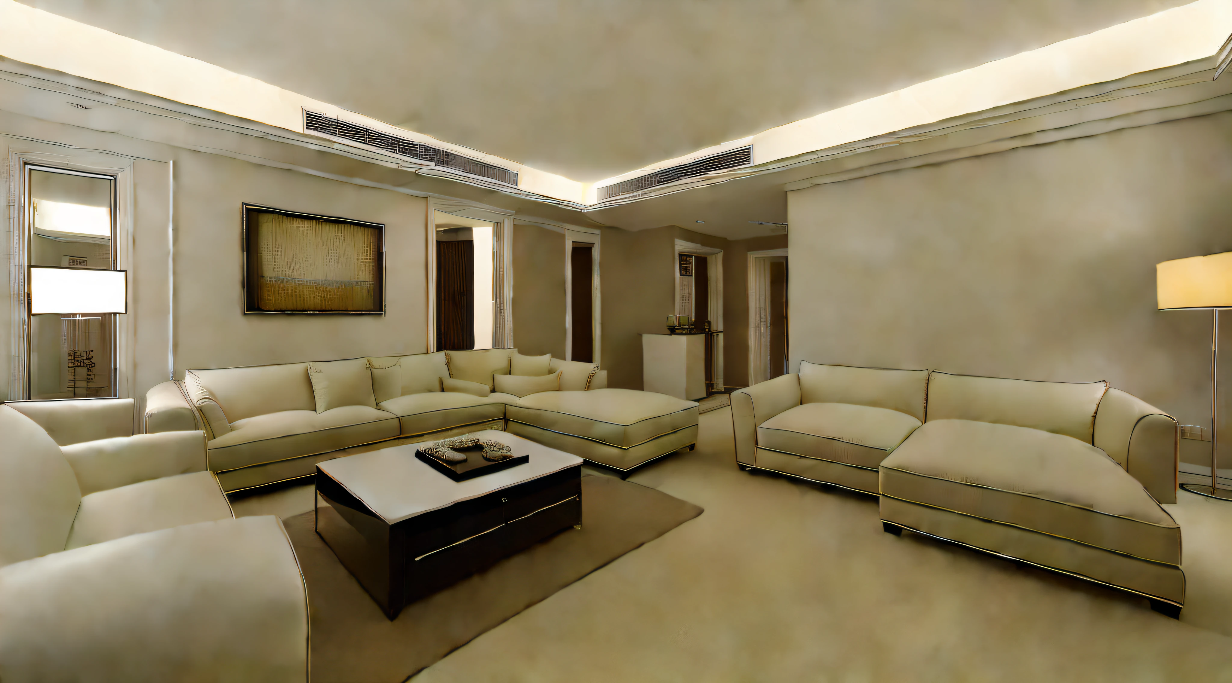 arafed living room with a couch,, coffee table and television, High-end mansion White wall apartment,, White and warm atmosphere, Living room,, Luxurious design, Modern European and American living room, Modern American, With white light as the background, Modern American design, placed in a large living room