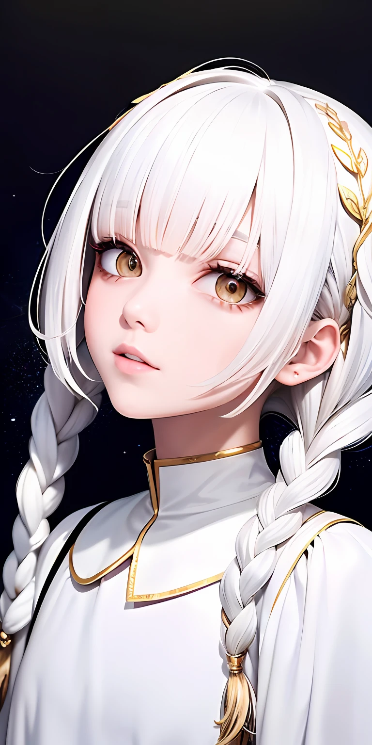 best quality, masterpiece,white hair, gold eyes,white clothes, looking up, upper body,hair strand,Fair skin,side braids