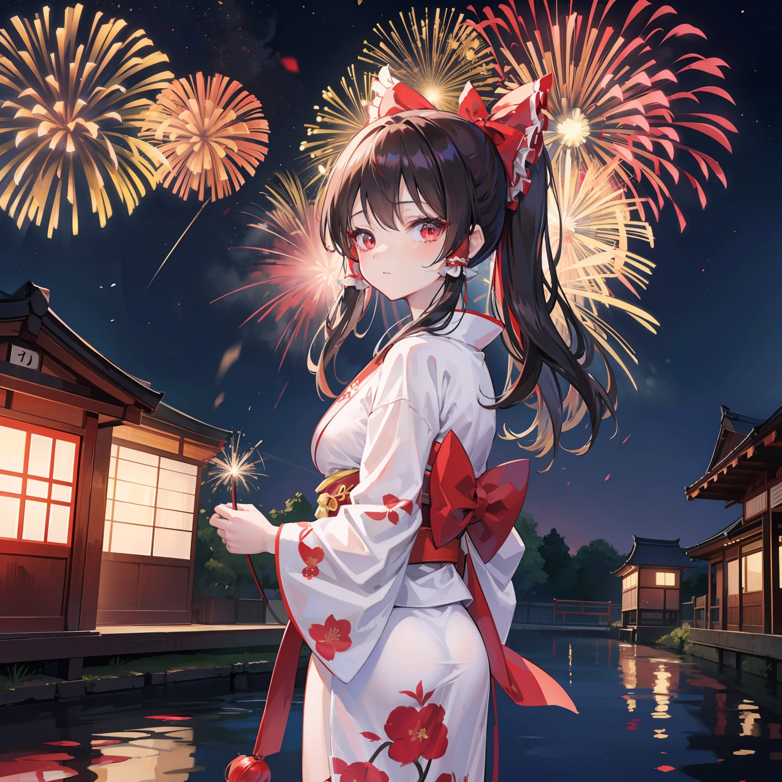 Reimu Shiramine in Kimono, masutepiece, Fine detail, 4K, 8K, 12K, Solo, Alone, Beautiful Girl, caucasian female, Black yukata、 Yukata, Kimono, Summer festival, Night, Fireworks