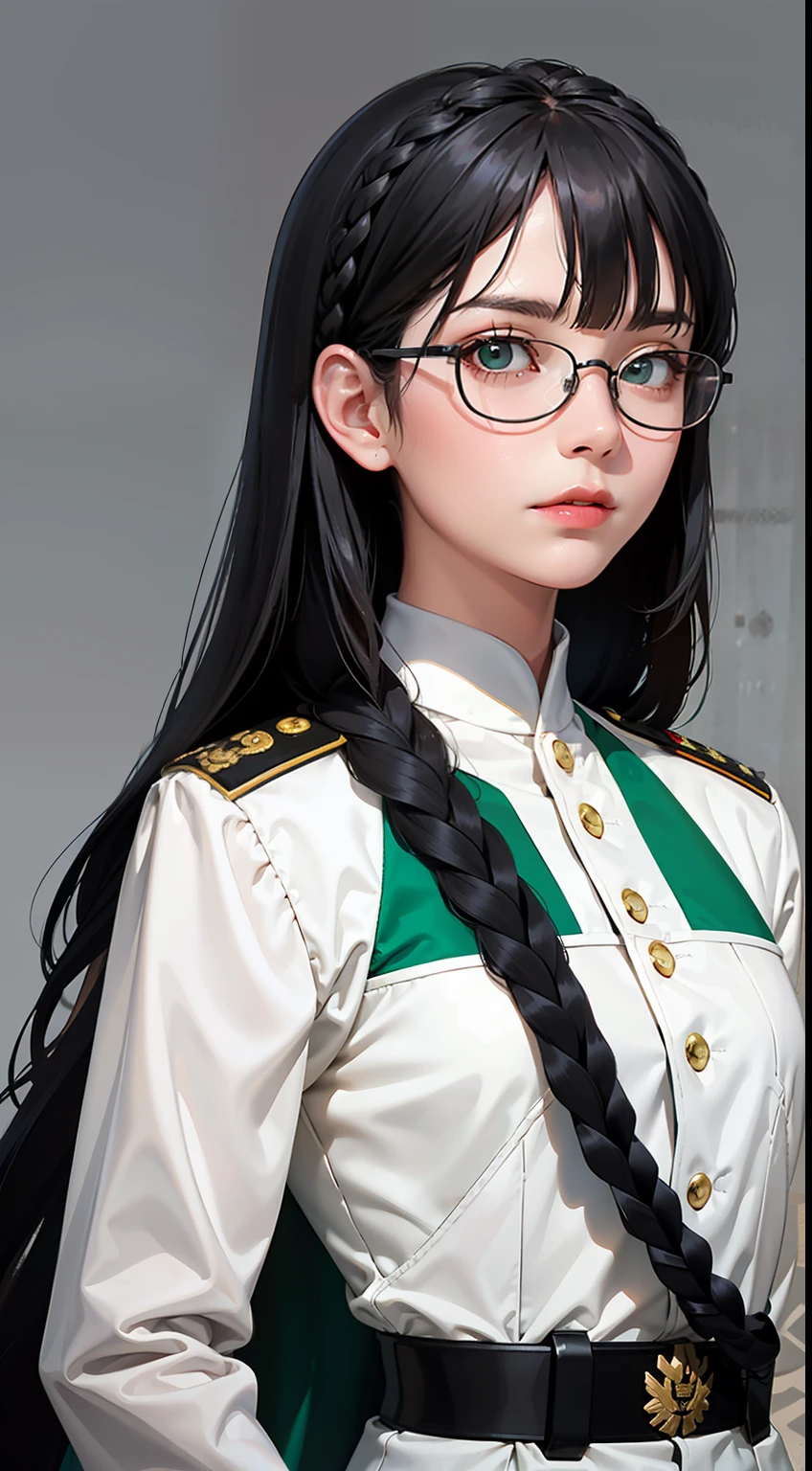 Modest outfit, remote shot, detailed beautiful delicate face, detailed beautiful delicate eyes, perfect facial proportions, high-definition skin, fine skin, four-inch best ratio. With one thumb, a masterpiece, highly detailed, realistic, (World War II German general uniform reference : 1.8), the highest face resolution, adult, modestly dressed woman, dressed entirely, ( small, black hair, black straight bangs, super fine braids, straight bangs, red glasses, dark green eyes), future, science fiction, fighter plane, standing On the landing of a fighter plane, the government agency, a deep intelligent personality, a calm expression, a respectful face, a war, a fighter plane