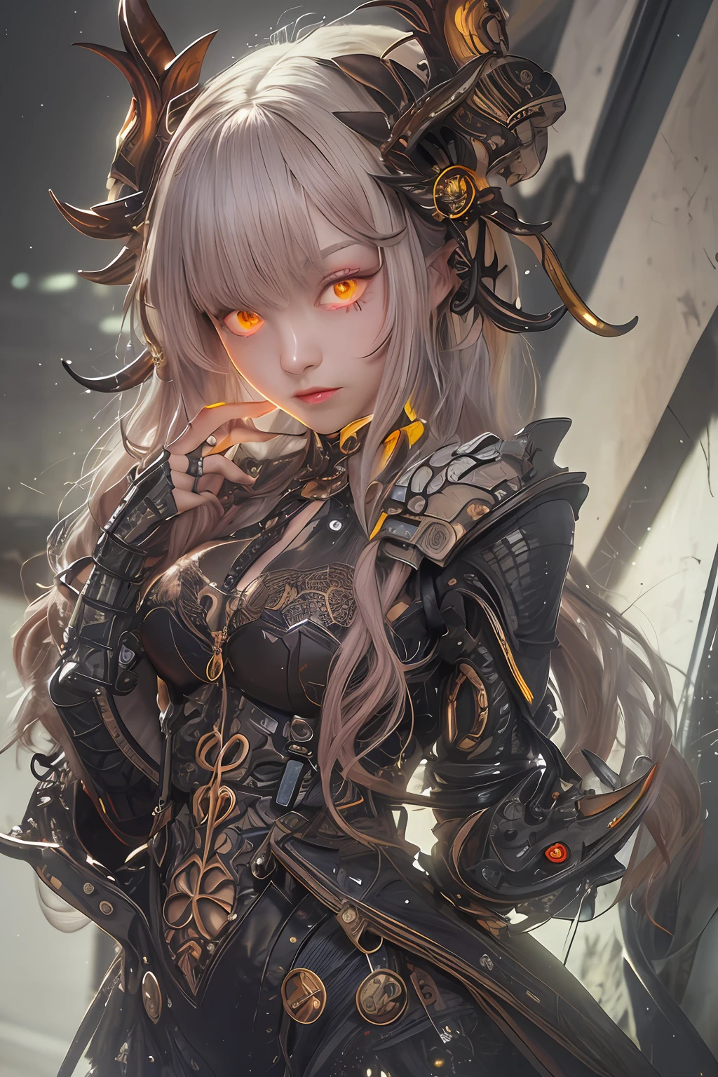 top-quality、masterpiece、超A high resolution、(Photorealsitic:1.4)、Raw photo、女の子1人、red hairs、glowy skin、1 Machine Devil、large metal wings、Metal horn、((super realistic details))、portlate、globalillumination、Shadow、octan render、8K、ultrasharp、Colossal tits、Raw skin is exposed in cleavage、Black fiberglass body、Details of intricate gilded ornaments、Steampunk details、Glowing LEDs、Hydraulic cylinder、highly intricate detail、Realistic light、Red Eyes、radiant eyes、Facing the camera、neon details、Mechanical limbs、cowboy shot、Small LED lamp、Orange Character Catch Light、