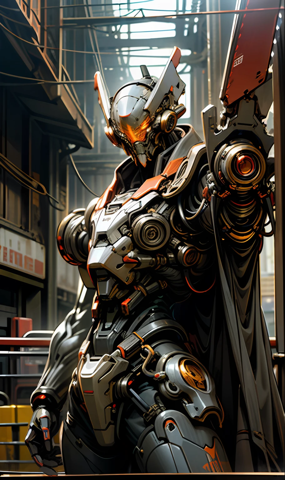 Dark_Fantasy,Cyberpunk,(chain saw,chain saw man,Red:1.1),1man,Mechanical marvel,Robotic presence,Cybernetic guardian, wearing a worn-out mech suit, intricate, (steel metal [rusty]), elegant, clear focus, shot by greg rutkowski, soft lighting, vibrant colors, masterpiece, ((street)), cowboy shot, dynamic pose,