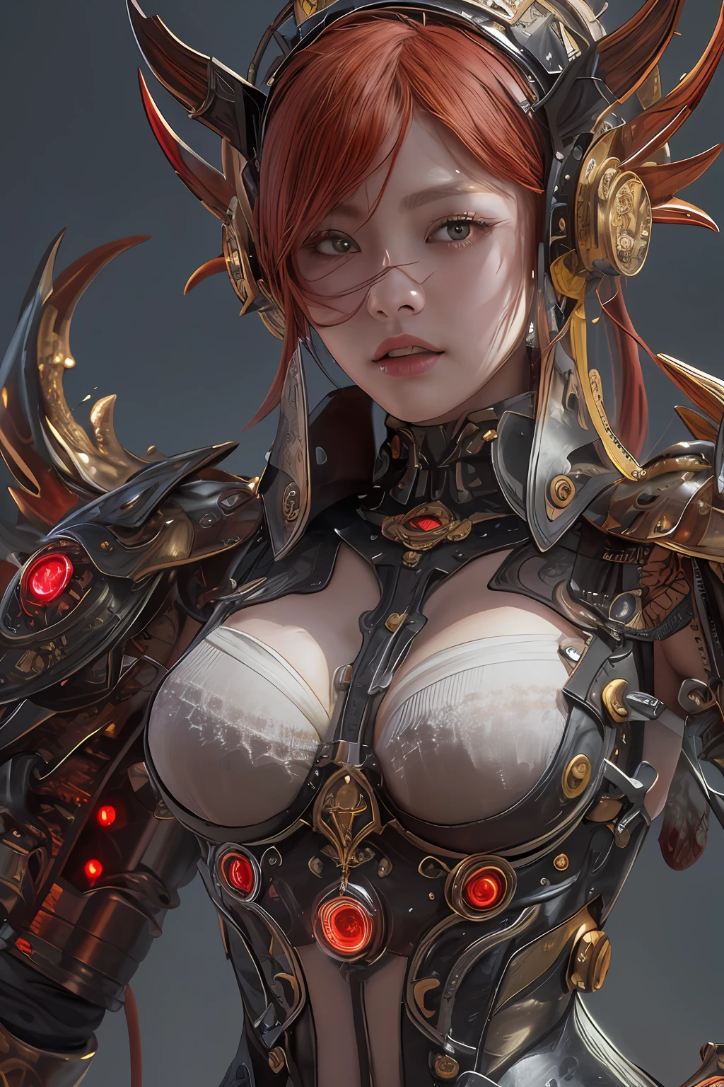 top-quality、masterpiece、超A high resolution、(Photorealsitic:1.4)、Raw photo、女の子1人、red hairs、glowy skin、1 Machine Devil、large metal wings、Metal horn、((super realistic details))、portlate、globalillumination、Shadow、octan render、8K、ultrasharp、Colossal tits、Raw skin is exposed in cleavage、Black fiberglass body、Details of intricate gilded ornaments、Steampunk details、Glowing LEDs、Hydraulic cylinder、highly intricate detail、Realistic light、Red Eyes、radiant eyes、Facing the camera、neon details、Mechanical limbs、cowboy shot、Small LED lamp、Orange Character Catch Light、