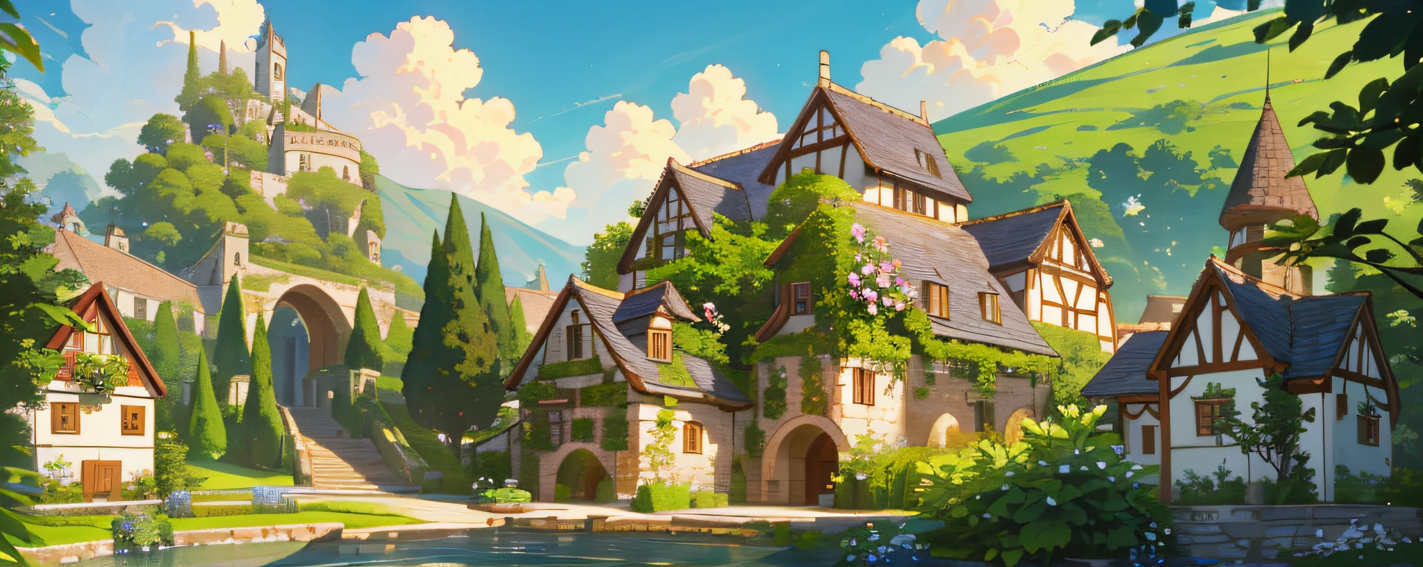 (top quality, masterpiece, ultra-real), outdoor lots of flowers, dense mass of plants, the landscape in the background is a garden.medieval house