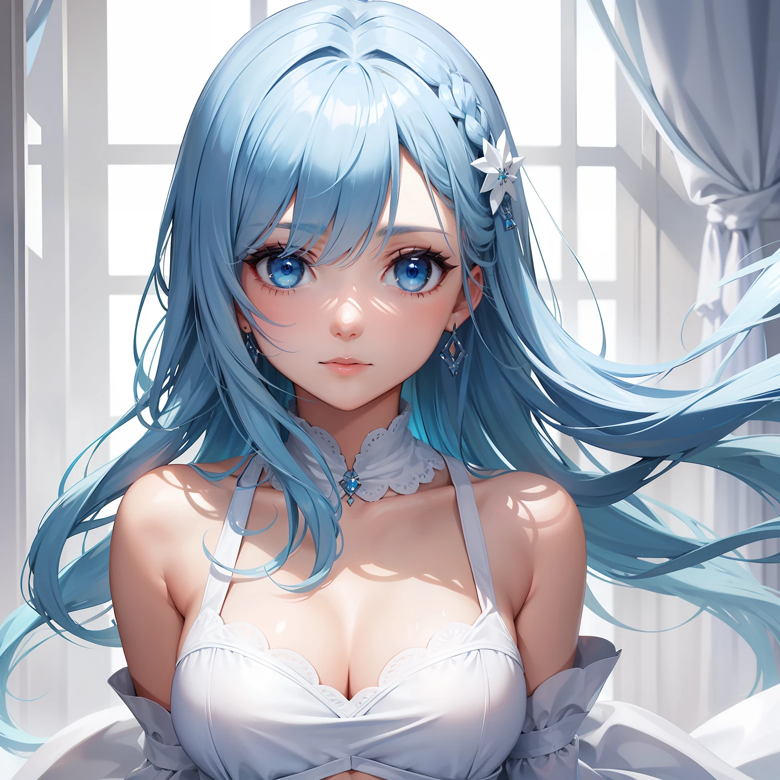 a women, blue hair, blue eyes, white dress
