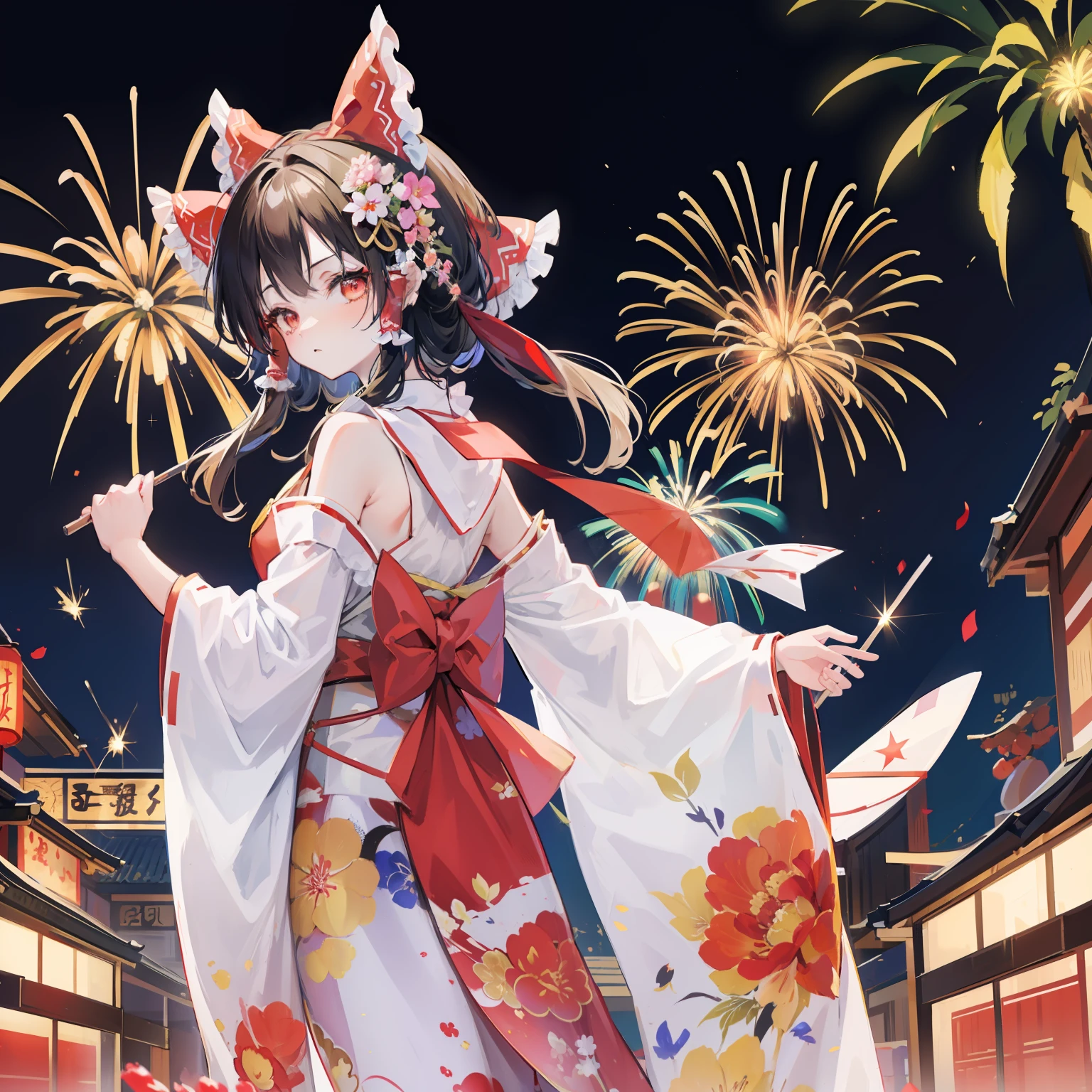 Reimu Shiramine in Kimono, masutepiece, Fine detail, 4K, 8K, 12K, Solo, Alone, Beautiful Girl, caucasian female, Red dress, Yukata, Kimono, Summer festival, Night, Fireworks、Amazing goldfish effect