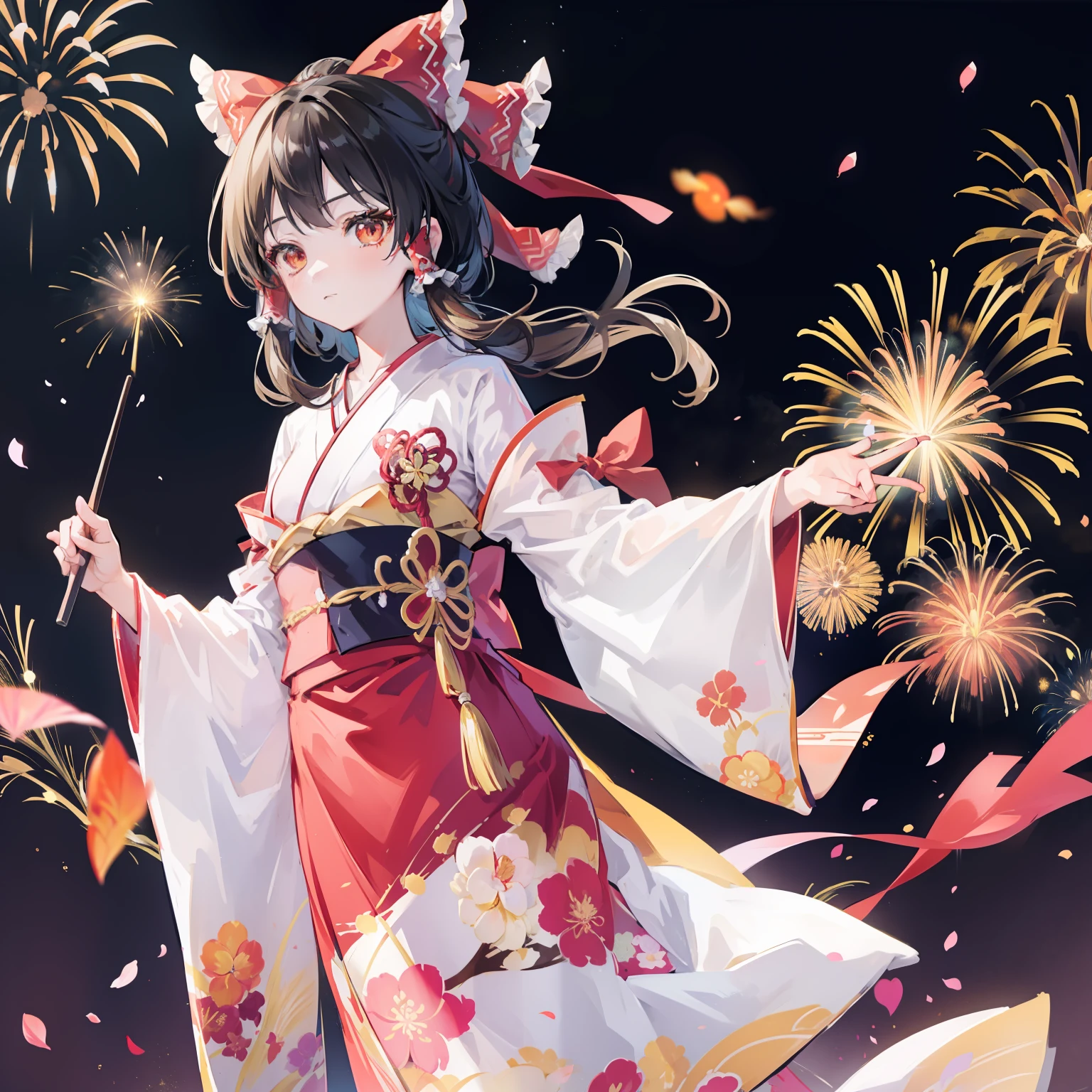 Reimu Shiramine in Kimono, masutepiece, Fine detail, 4K, 8K, 12K, Solo, Alone, Beautiful Girl, caucasian female, Red dress, Yukata, Kimono, Summer festival, Night, Fireworks、Amazing goldfish effect