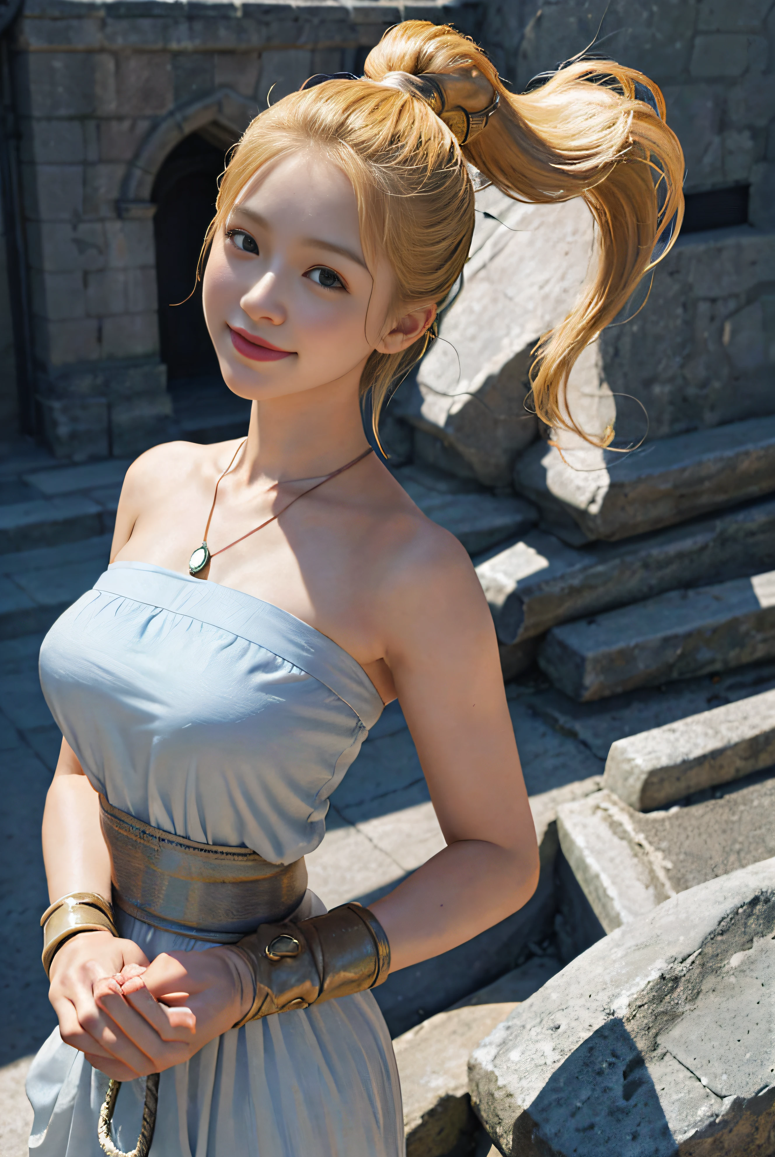 1girl in、breastsout、gloves、s lips、独奏、marle、Chronotrigger、verd s eyes、(Raw photography、top-quality)、​masterpiece、Blonde all-back ponytail、Light Bluestone Pendant、(perfect hand):3.8、octan render、Beautiful eyes with fine details、a closeup、looking at viewert、to8contrast style、Octane line art、monochromes、mechanic、Castle background、Akira Toriyama、Lowered hand、beautiful smiling face