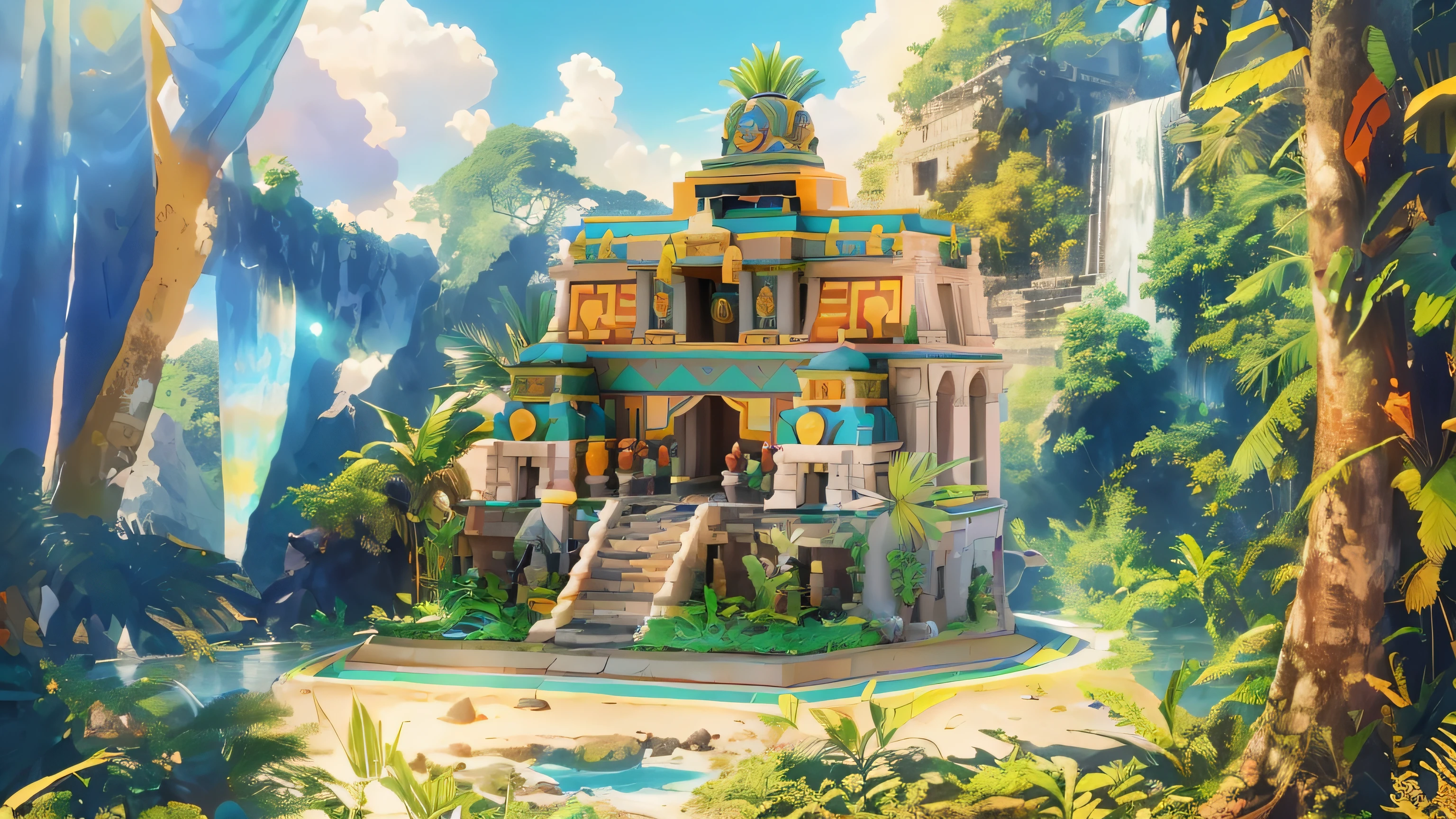 tmasterpiece,Best quality at best,high qulity,Detailed details,(Bright colors),(The sun shines in direct light),extremely detailed CG unity 8k wal,Deep in the dense jungle there is a monument of interest,Mayan civilization,Sanctuary,Amerindian culture,African primitive tribal totem,Illustration style,Original art style,