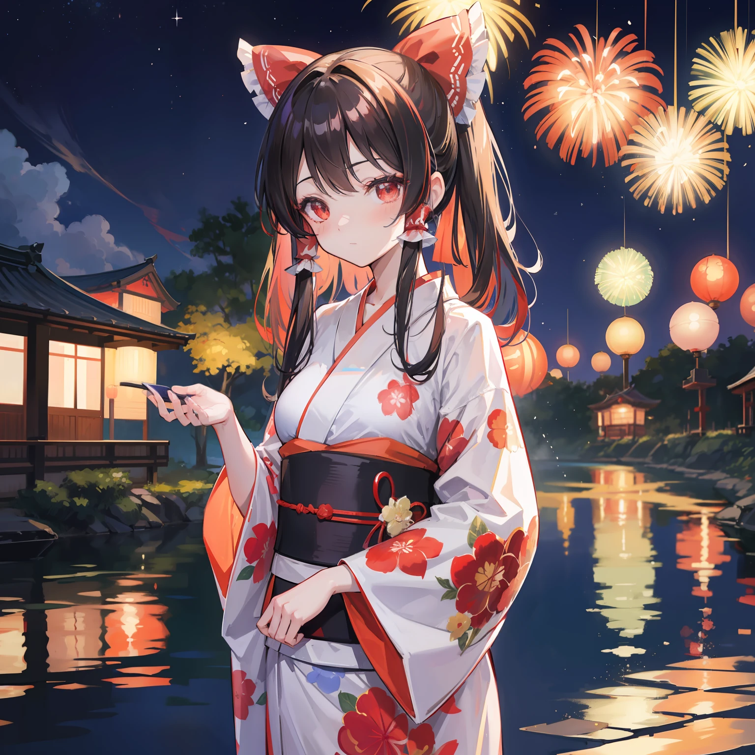 Reimu Shiramine in Kimono, masutepiece, Fine detail, 4K, 8K, 12K, Solo, Alone, Beautiful Girl, caucasian female, Black yukata、 Yukata, Kimono, Summer festival, Night, Fireworks、Being in the water、Lots of goldfish