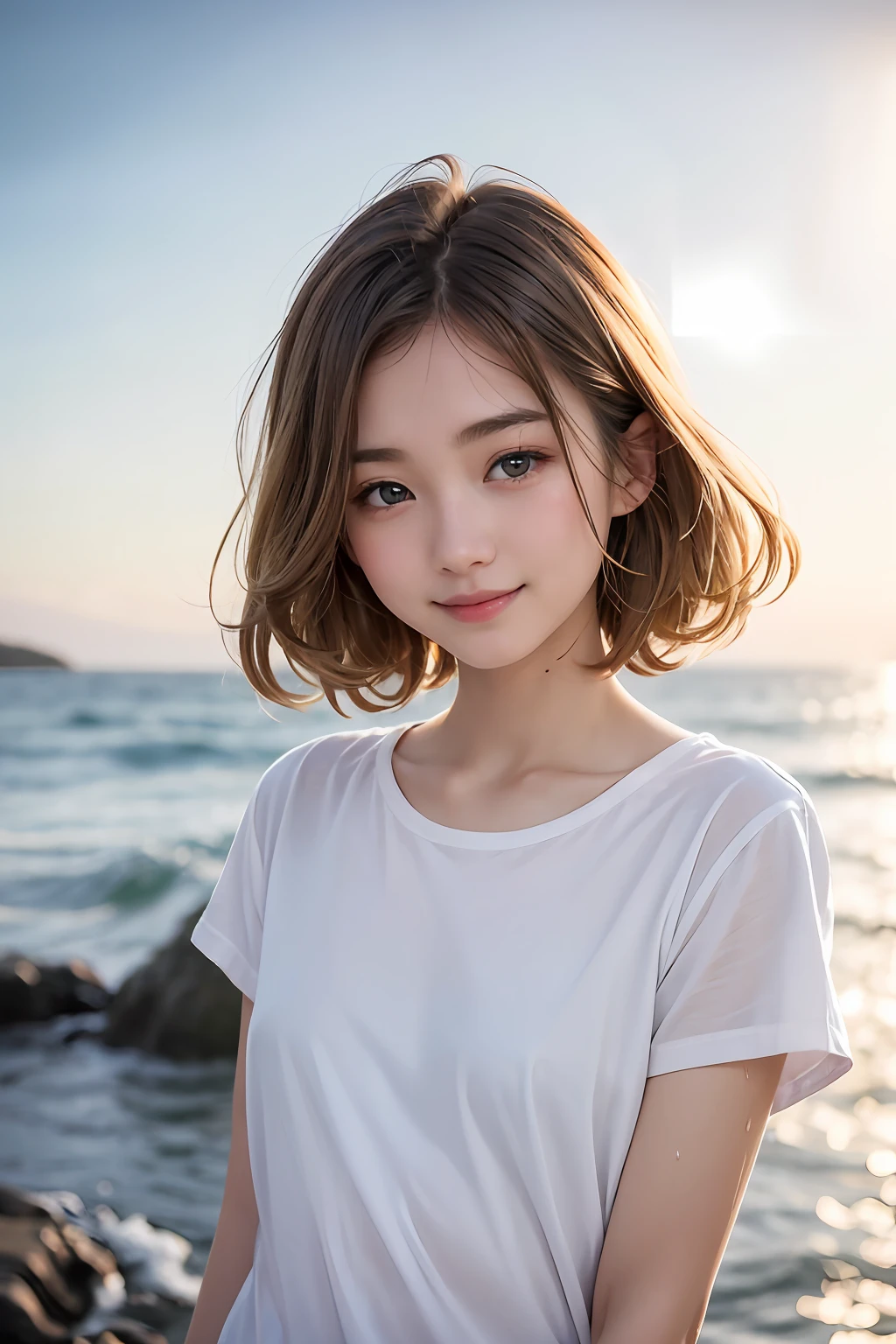 studio lights、depth of fields、The upper part of the body、A slender、cute face、A smile、Beautiful detail eyes、Japan 19 years old、cute little、voluminous curls of warm blonde color,eyes are brown、rcasual、The background is the sea、beatiful backgrounds、White tight wet shirt