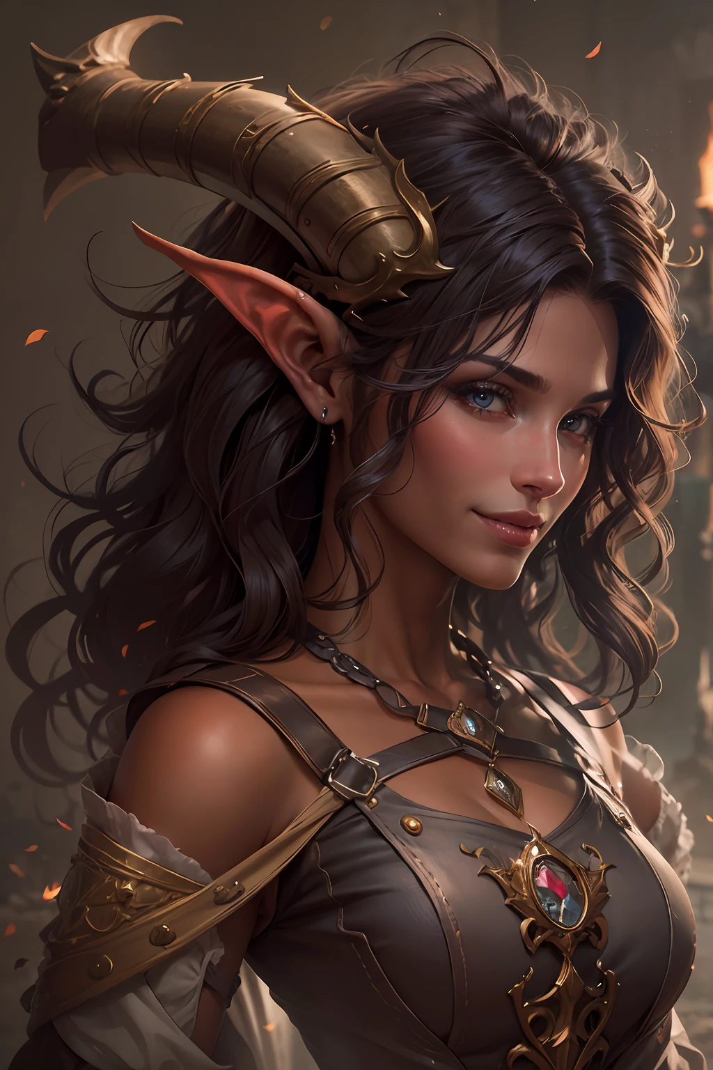 Uma morena tiefling sorrindo, Realistic, Charismatic, Muitos detalhes, Tema Fantasia Medieval, cabelos longos com franja, 25 anos, corpo inteiro, rosto da princesa, corpo definido, Realismo, Cinematic lighting, de cima, super detalhe
