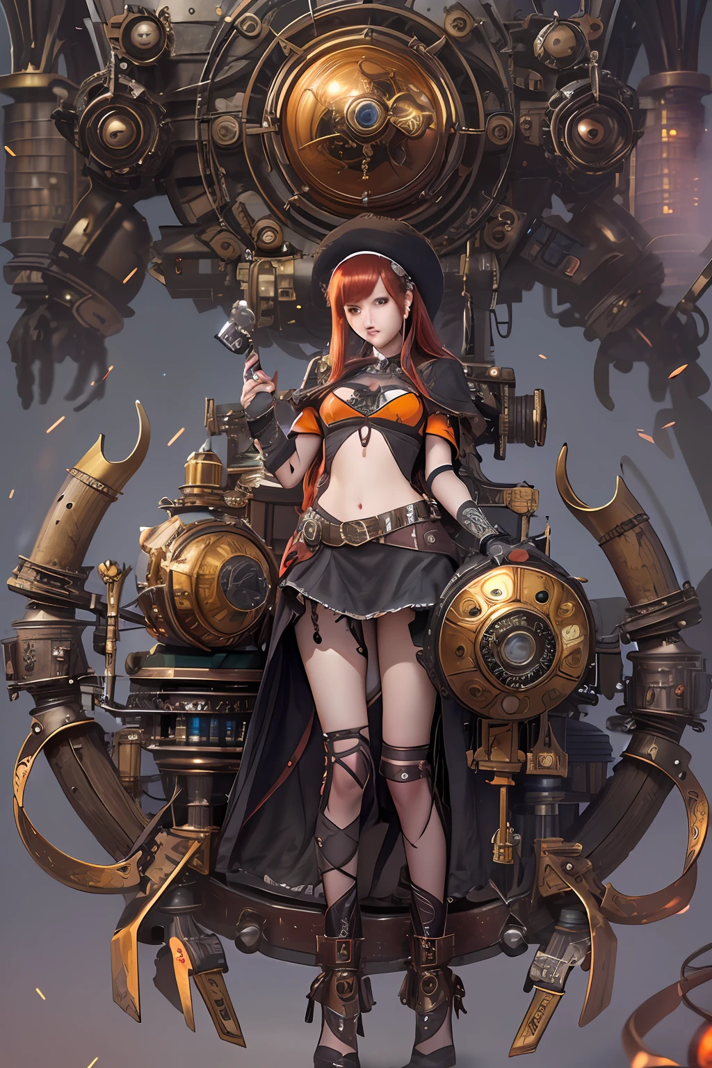 top-quality、​masterpiece、超A high resolution、(Photorealsitic:1.4)、Raw photo、1人、red hairs、glowy skin、1 Steampunk Devil、large metal wings、Metal horn、((super realistic details))、portlate、globalillumination、Shadow、octan render、8K、ultrasharp、Colossal tits、Raw skin is exposed in cleavage、Black fiberglass body、Details of intricate gilded ornaments、Sumerian details、Glowing LEDs、Hydraulic cylinder、highly intricate detail、Realistic light、Red Eyes、radiant eyes、Facing the camera、neon details、Mechanical limbs、cowboy  shot、Small LED lamp、Orange Character Catch Light、The background is a steampunk city、