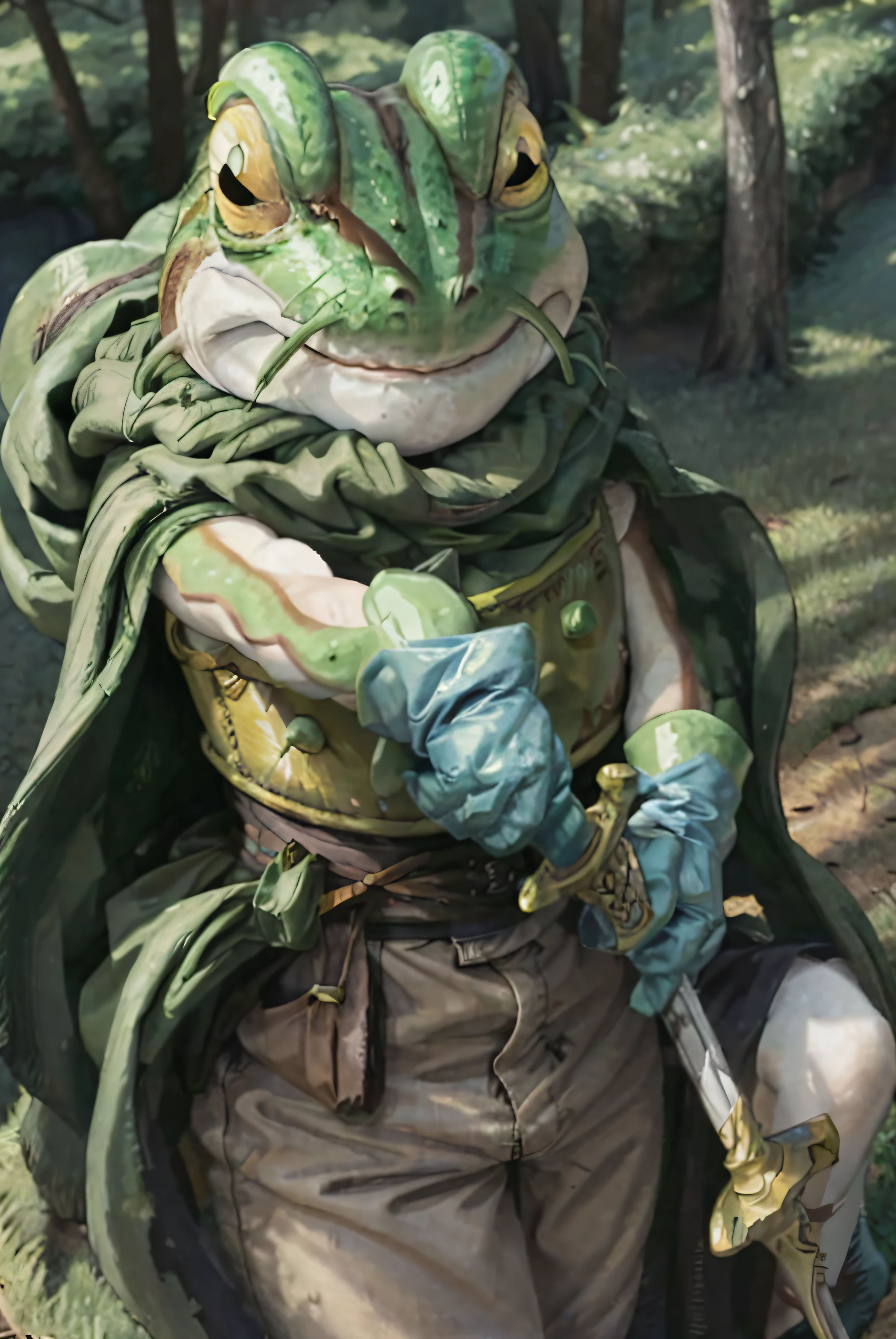 1 boy、breastsout、gloves、s lips、独奏、froggy、Chronotrigger、Yellow eyes、(Raw photography、top-quality)、​masterpiece、Frog in costume and holding a sword、Sword of Grandrion、(perfect hand):3.8、octan render、Beautiful eyes with fine details、a closeup、looking at viewert、to8contrast style、Octane line art、monochromes、Frog Hero、The brave、Forest and castle background、Akira Toriyama、Lowered hand、serious facial expression