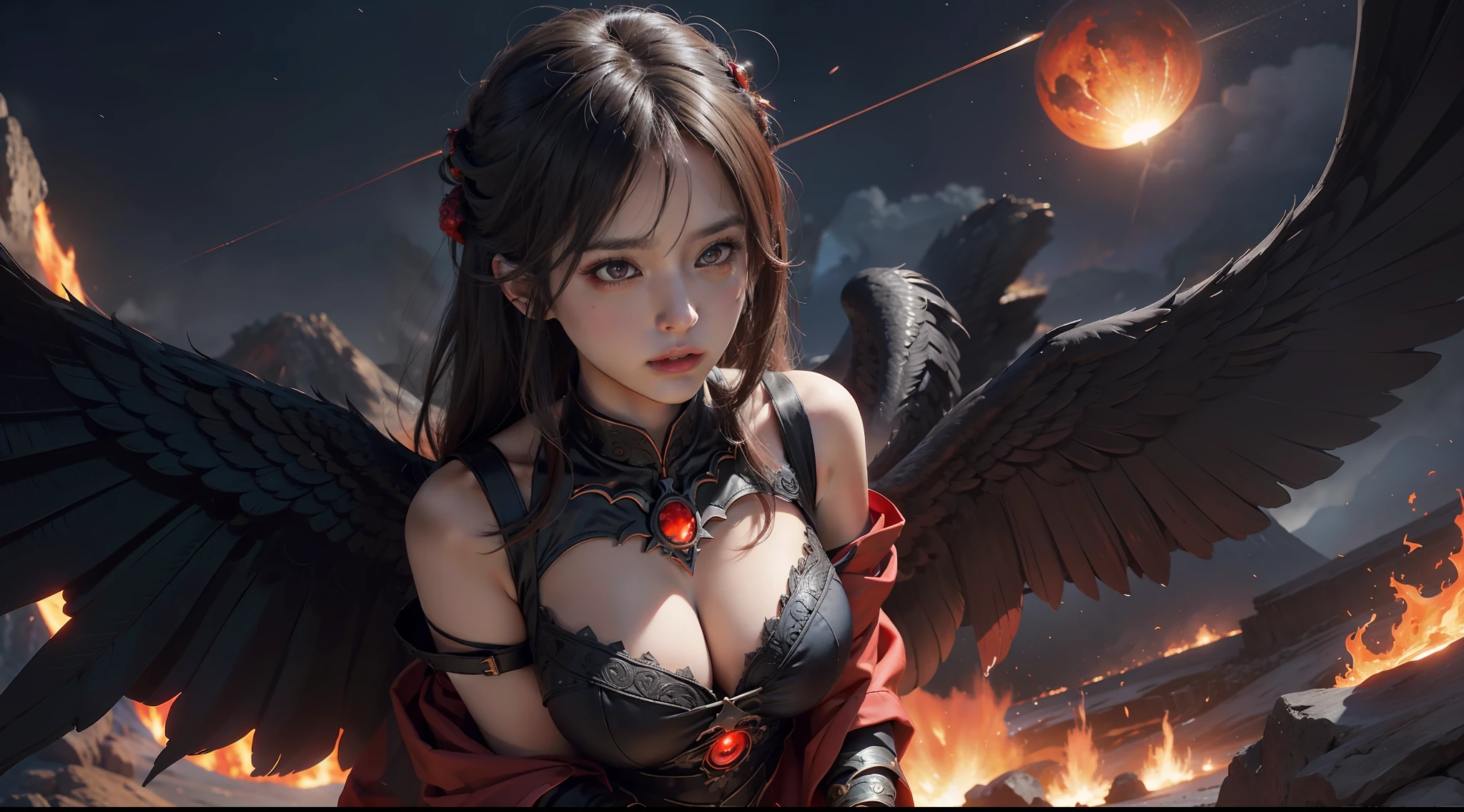 (Award-winning digital artwork:1.3) af (sketching:1.3),(with dynamism:1.3),(Saturation:1.3),(Close portrait:1.3),(femele:1.4),(big breasts beautiful: 1.4),(carismatic:1.3),angelicales,Red eyes,Bright magic,volcano background,Large breasts,complex patterns,Film filter, ,dramatics,dynamicposes,illusory engine, (High detail: 1.9),mystic symbols,black toga,massive wings,Black wings,red color eyes,arrogant look,molten lava
