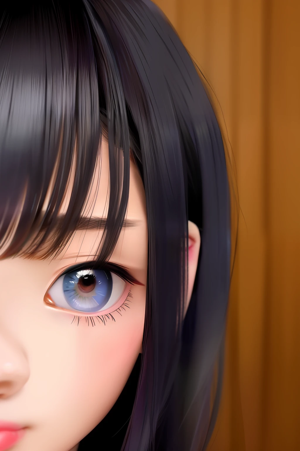 Japanese girl with a girl's face, sexy, mirada triste, realista, ojos grandes azules, retrato, foco nítido, Room background, sujetador, pechos redondos y bonitos, personalidad triste, obra maestra, pelo largo