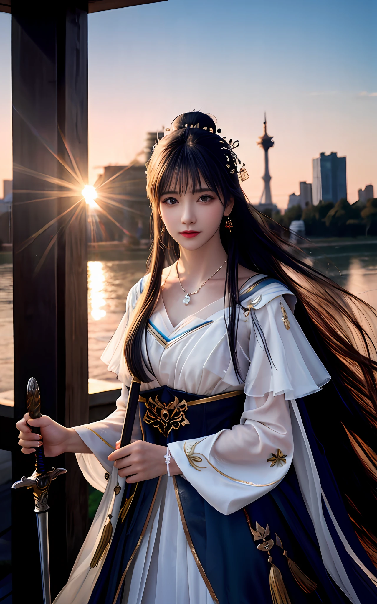 (realisticity: 1.2), best quality, masterpiece, highres, cg,
1girl, weapon, sword, long hair, dress, water, solo, jewelry, white dress, earrings, hair ornament, splashing, upper body super realistis, hair bun, blue hair, city backgraun realistis,
lighting,candid, Photograph, high resolution, 4k, 8k, Bokeh,