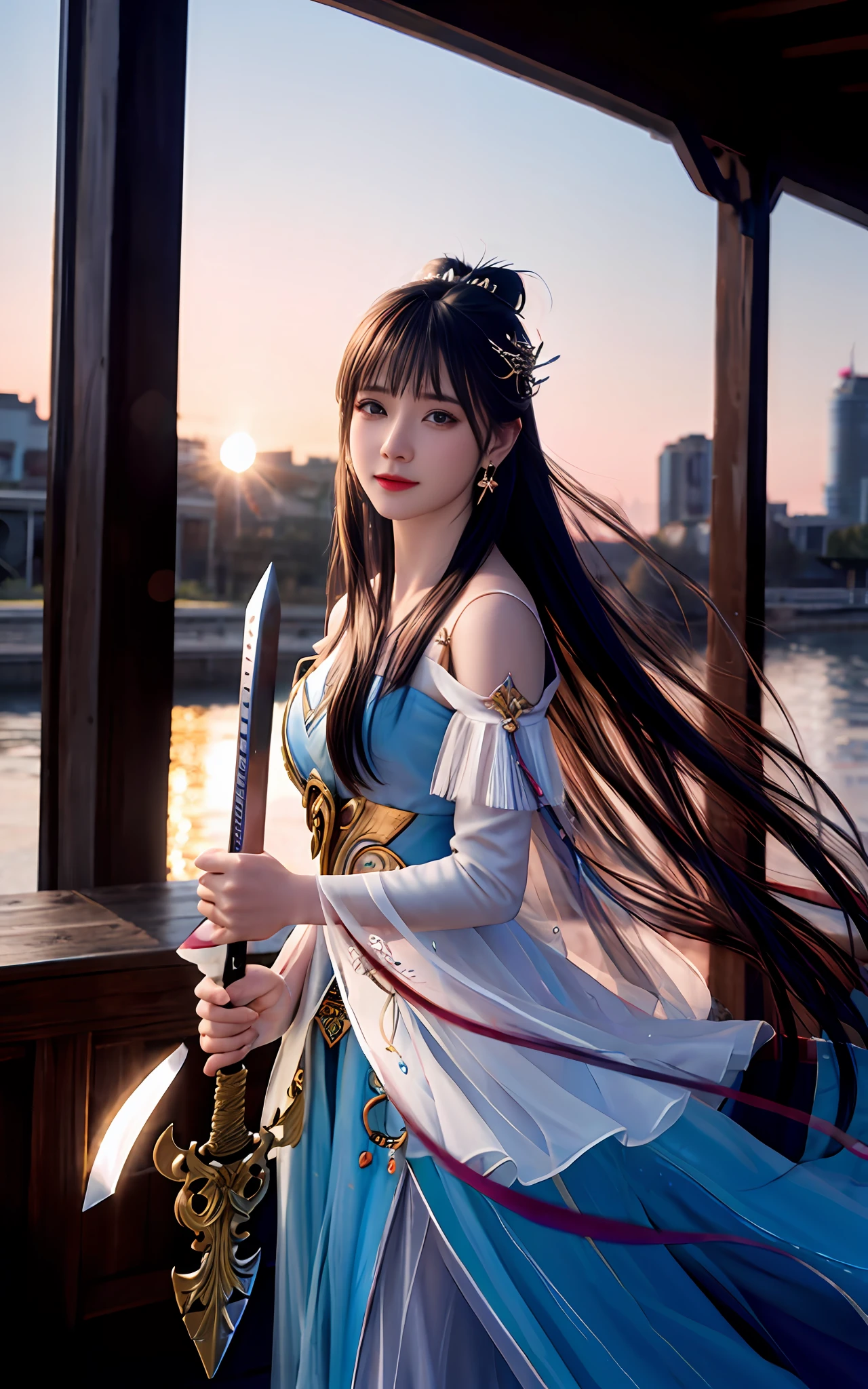 (realisticity: 1.2), best quality, masterpiece, highres, cg,
1girl, weapon, sword, long hair, dress, water, solo, jewelry, white dress, earrings, hair ornament, splashing, upper body super realistis, hair bun, blue hair, city backgraun realistis,
lighting,candid, Photograph, high resolution, 4k, 8k, Bokeh,